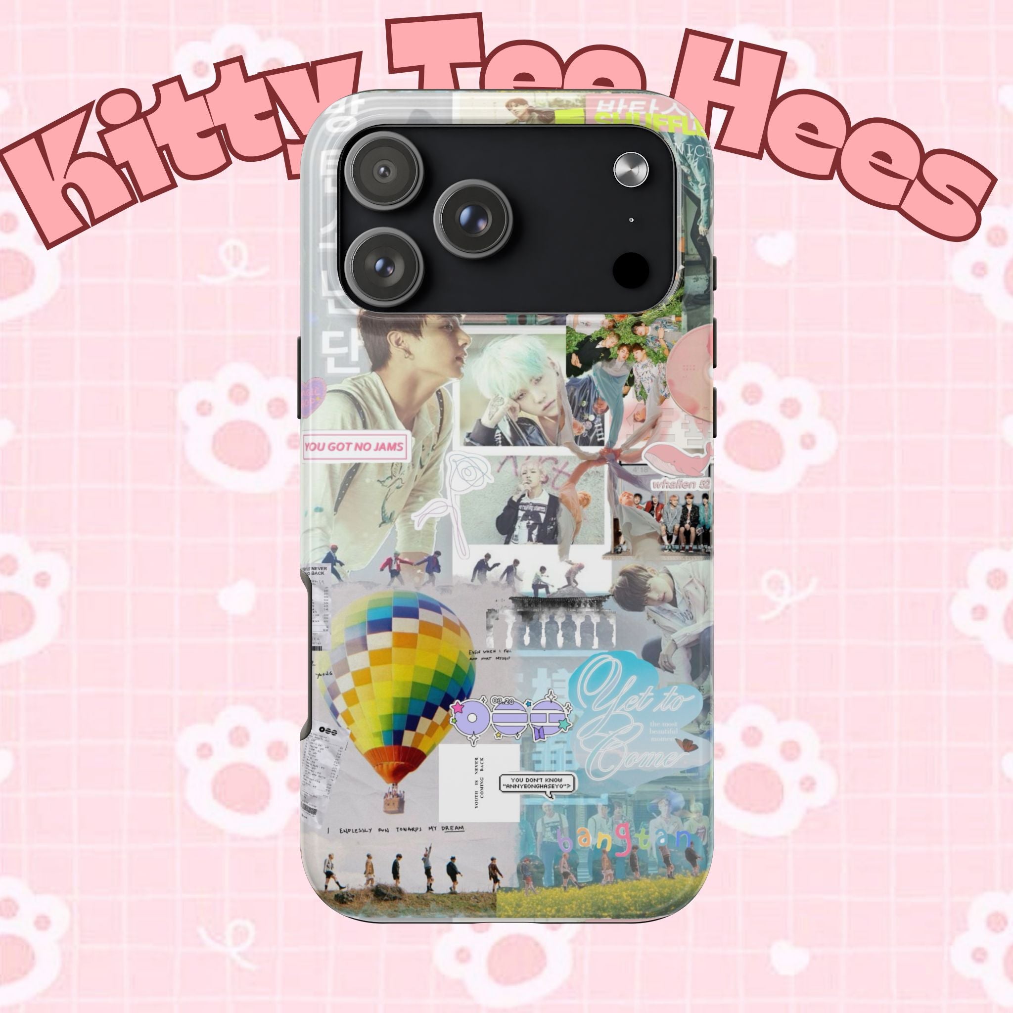 Printify BTS collage phone case for iPhone and Samsung featuring pastel hot air balloon and K-Pop photo collage design.