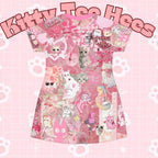 Pink cat graphic T-shirt with cute heart and all-over print design, featuring a playful, colorful cat pattern by Printify.