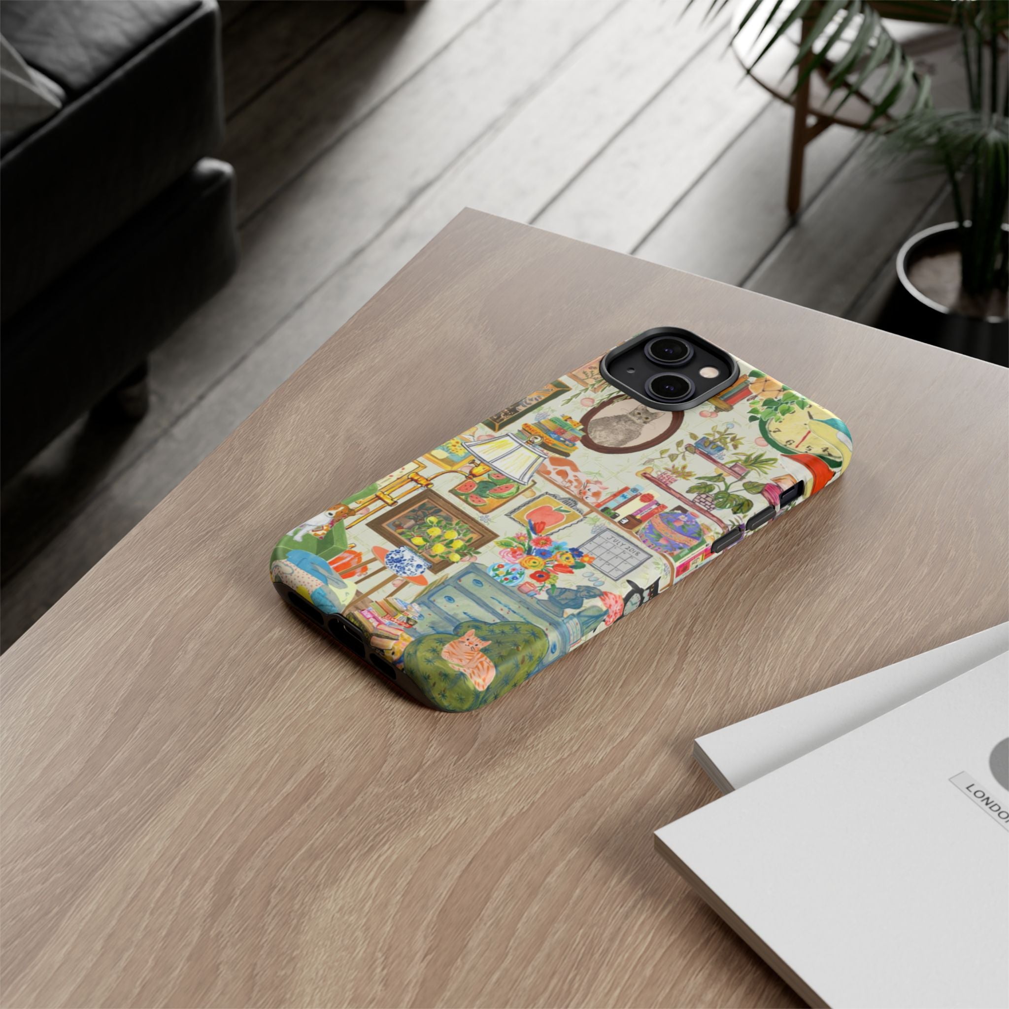 Cute cat portrait phone case for iPhone 17 featuring a cozy living room background, stylish Printify pet-themed design.