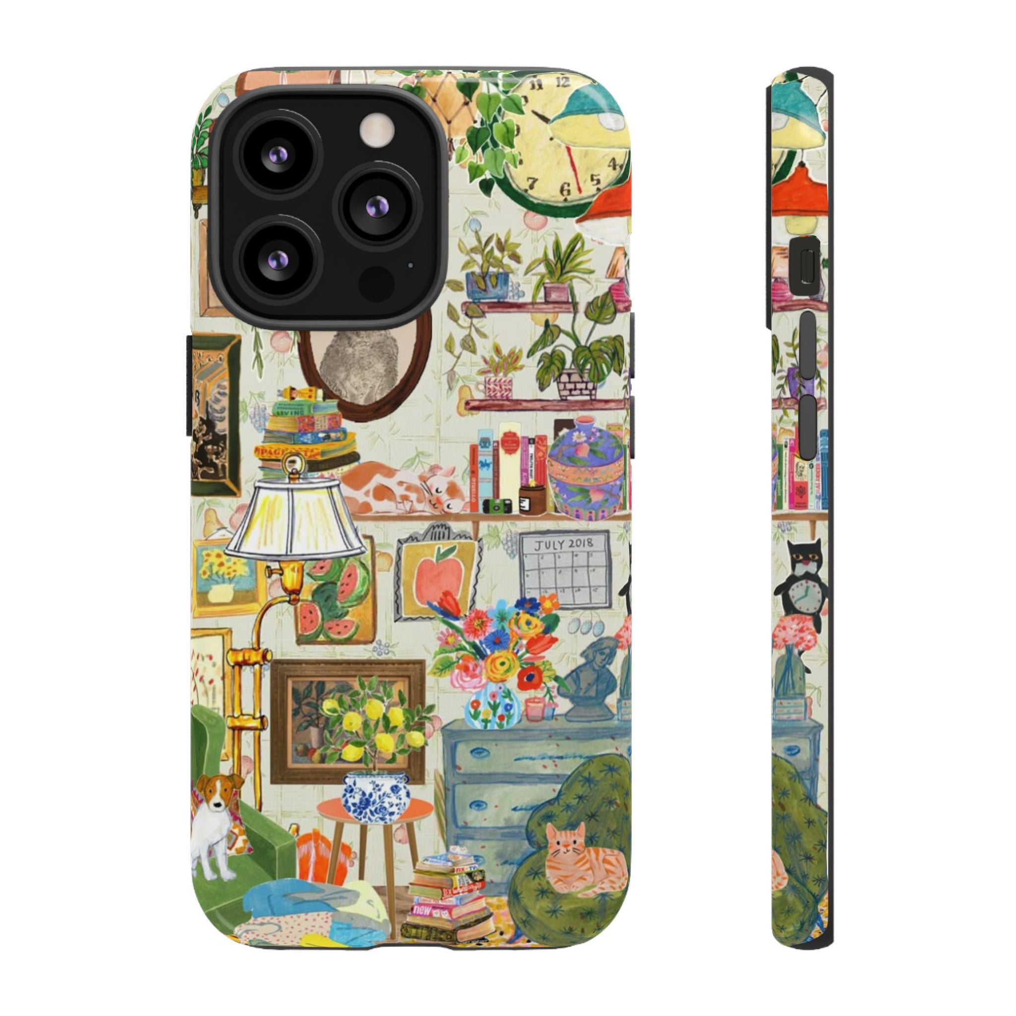 Cute cat framed phone case for iPhone 17 featuring a cozy living room pet portrait design, stylish and protective.