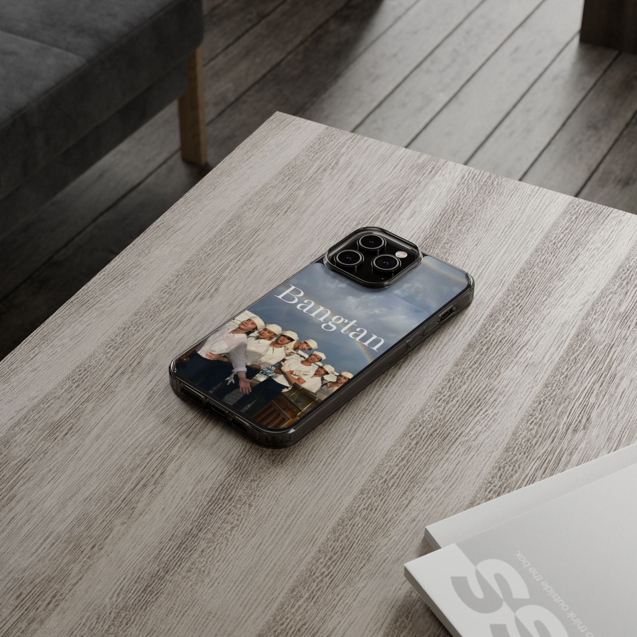 Clear impact-resistant Bangtan phone case featuring cute K-pop design for phones, made by Printify.