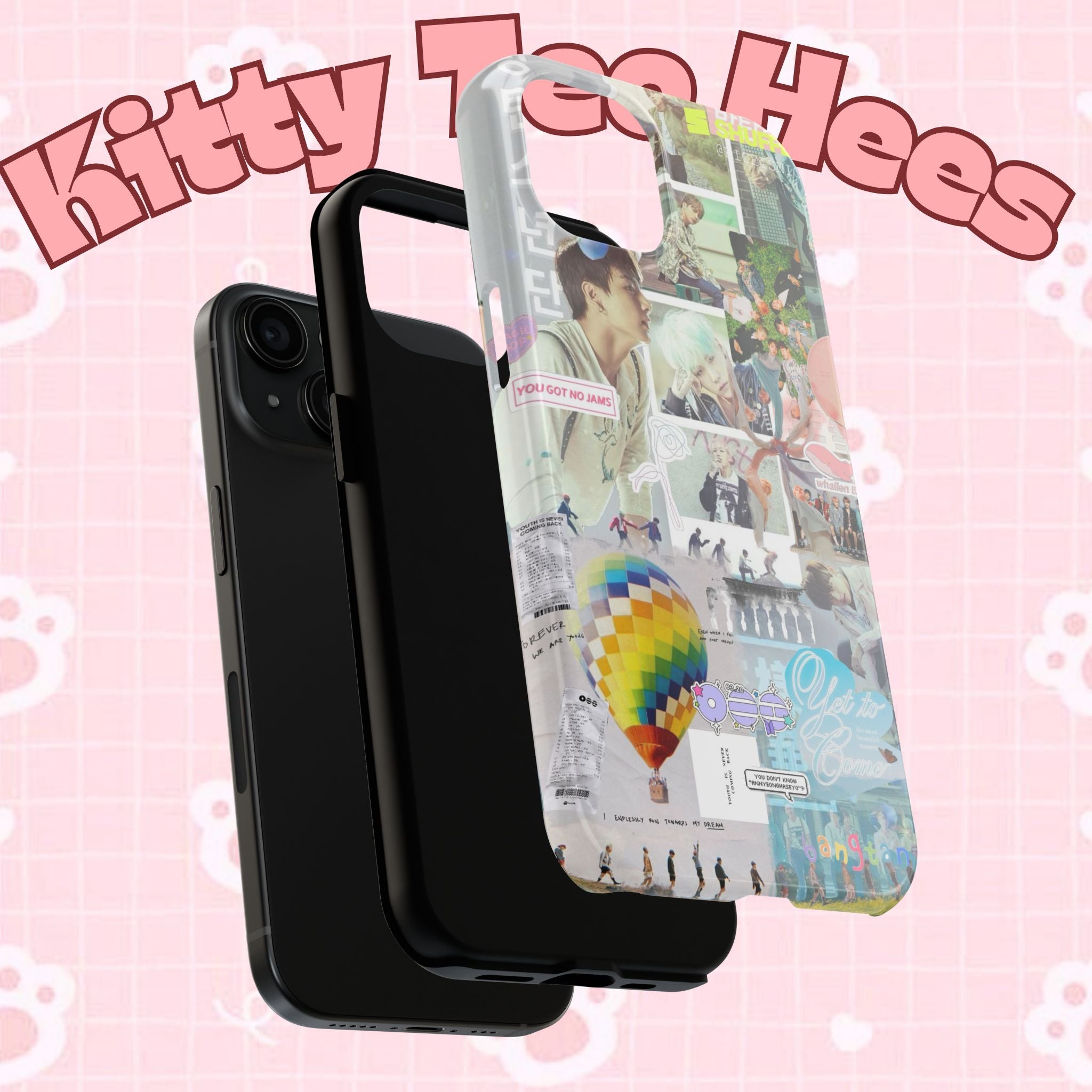 Printify BTS collage phone case for iPhone and Samsung featuring pastel hot air balloon and K-pop photo collage design
