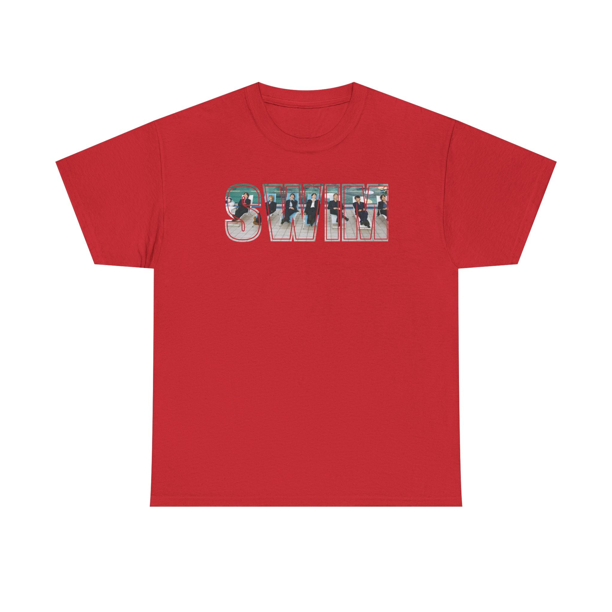 Printify BTS swim graphic T-shirt featuring a pool scene and "I could spend a lifetime watching you swim" design on the back.