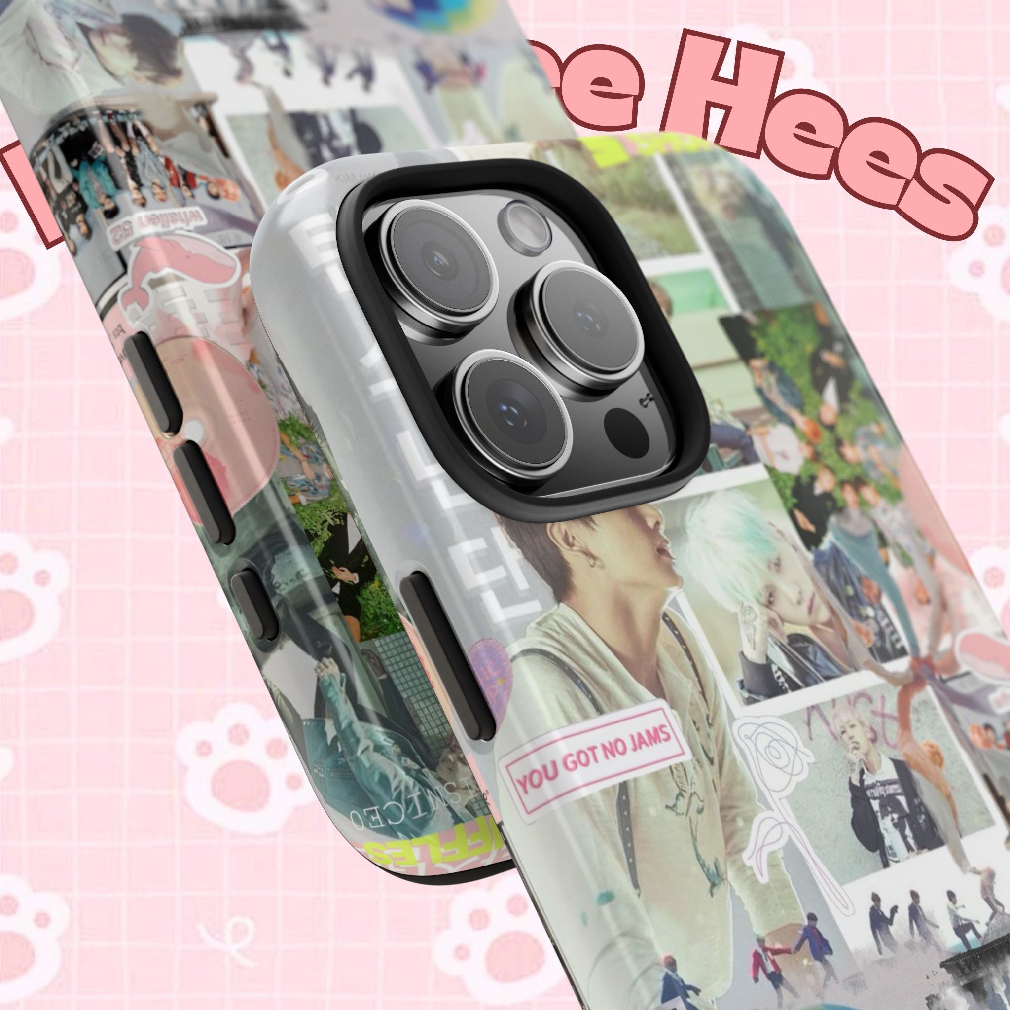 K-Pop BTS collage phone case for iPhone and Samsung with pastel hot air balloon design, featuring a colorful photo collage.