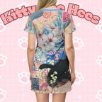 All-over print black cat t-shirt dress by Printify featuring kawaii, vintage-inspired cat design in casual, bohemian style.