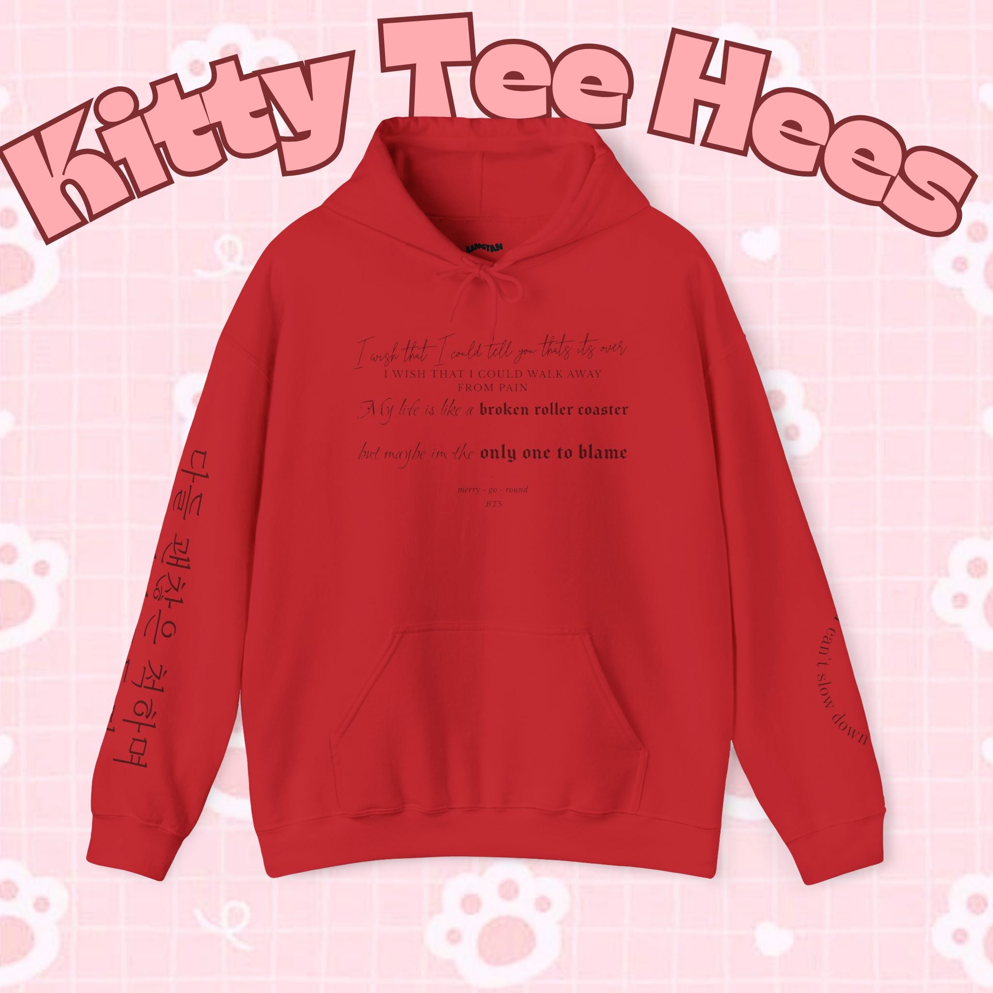 BTS Merry-go-round Arirang 2026 hoodie with carousel illustration, Korean script sleeves, and BTS lyric design.