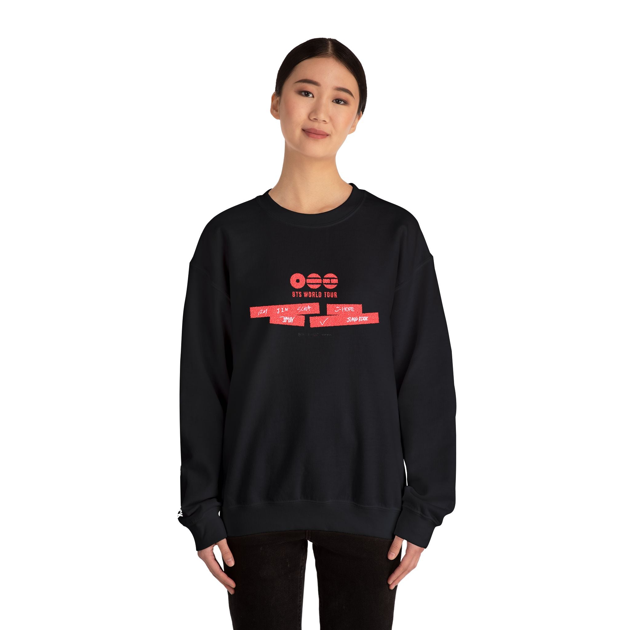 BTS ARIRANG 2026 comeback sweatshirt by Printify featuring bold concert tour graphic on navy fabric.