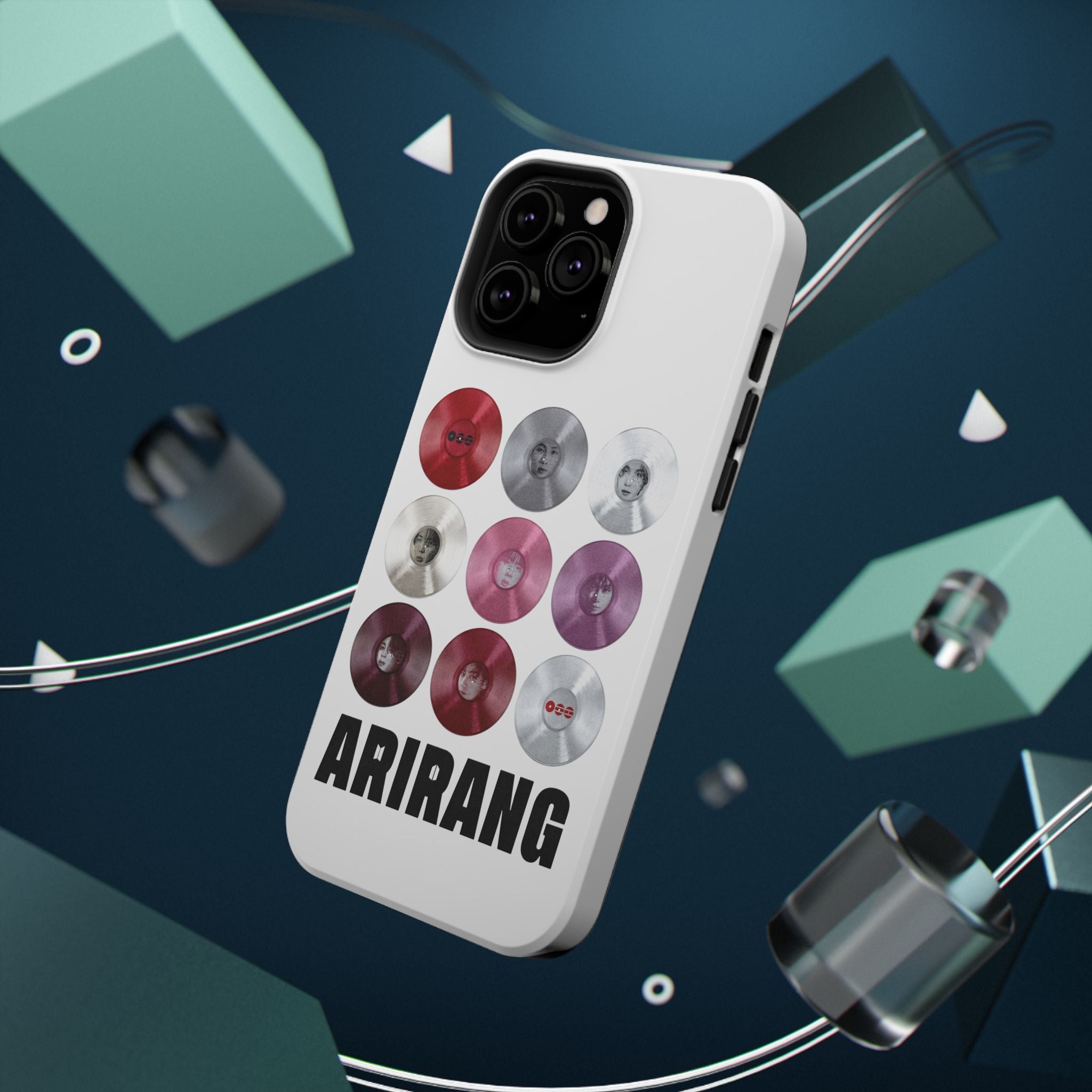 Impact-resistant BTS Arirang vinyl record grid phone case by Printify featuring cool BTS fan merch design for fans of Bangtan Boys.