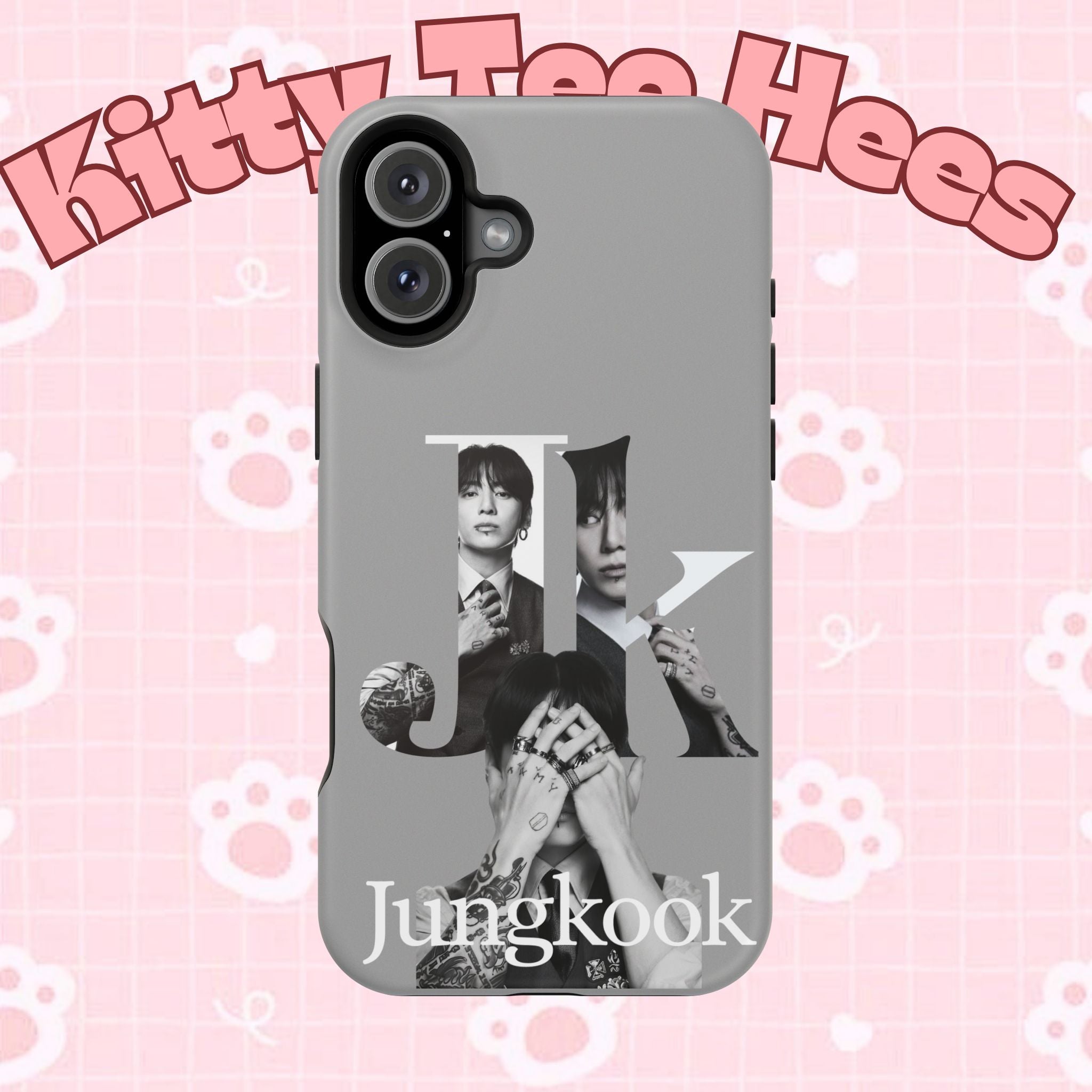 Impact-resistant phone case featuring monochrome letter design of BTS Jungkook by Printify, fits smartphone models.