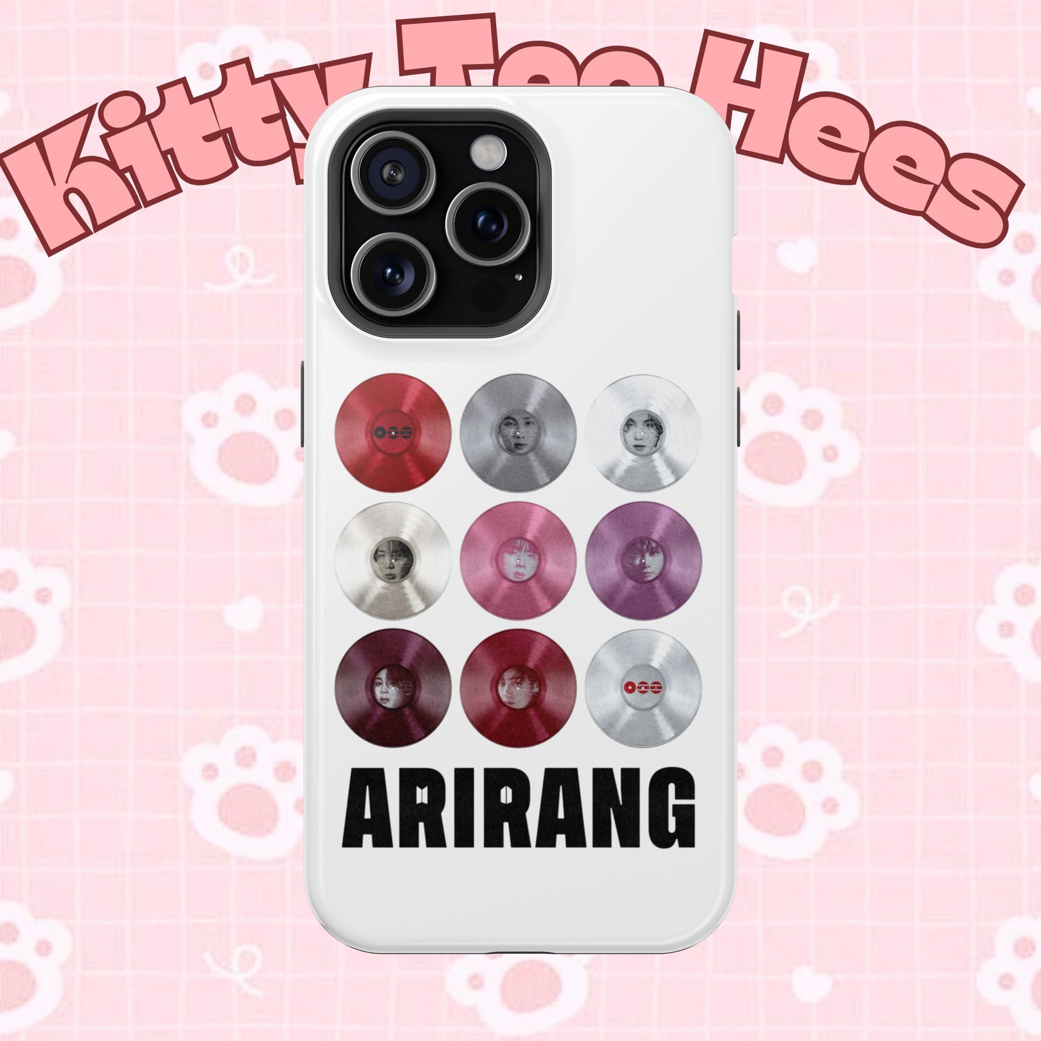 Impact-resistant BTS Arirang vinyl record phone case featuring grid design, compatible with smartphones, by Printify.