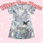 Ethereal floral cybercore T-shirt dress with all-over print, featuring magical flowy design inspired by fairy and cyberpunk fashion.