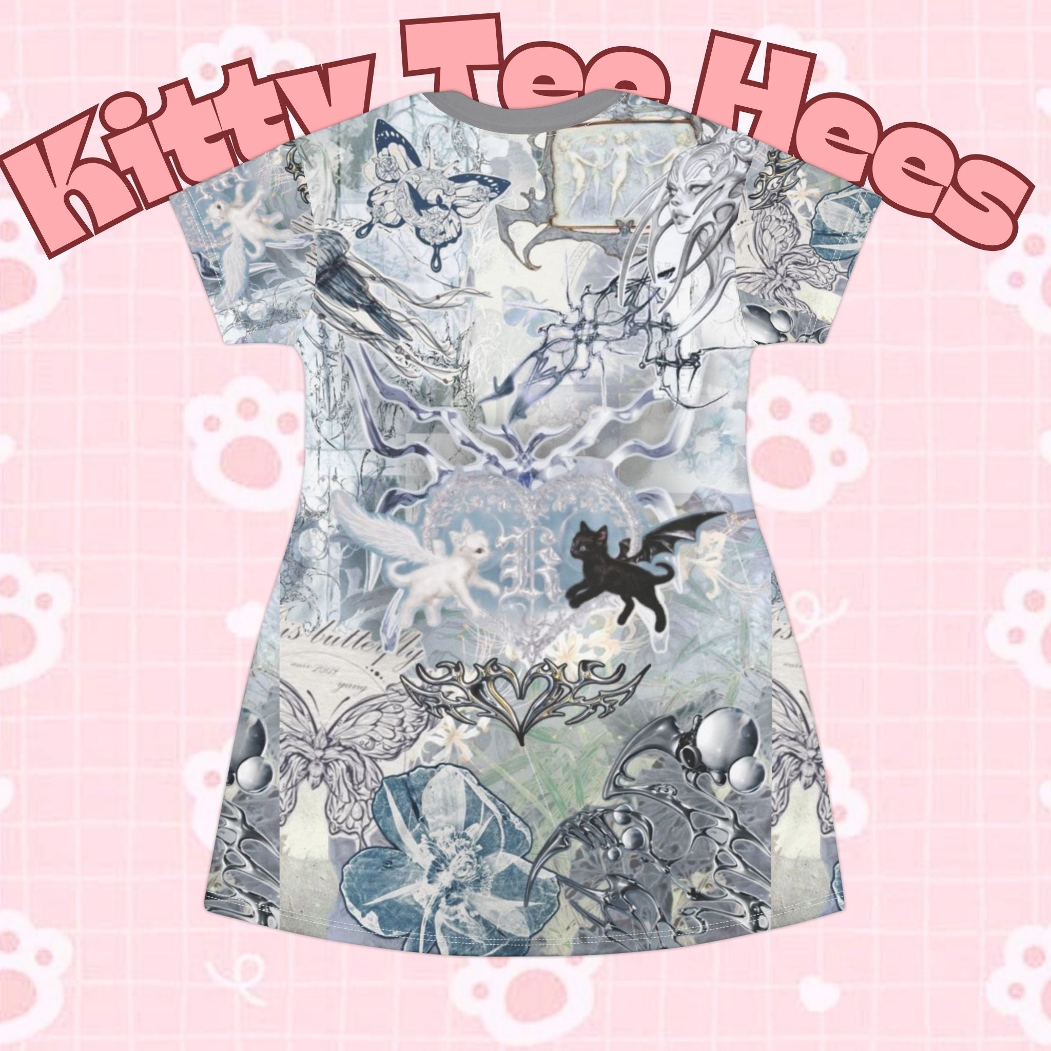 Ethereal floral cybercore T-shirt dress with all-over print, featuring magical flowy design inspired by fairy and cyberpunk fashion.