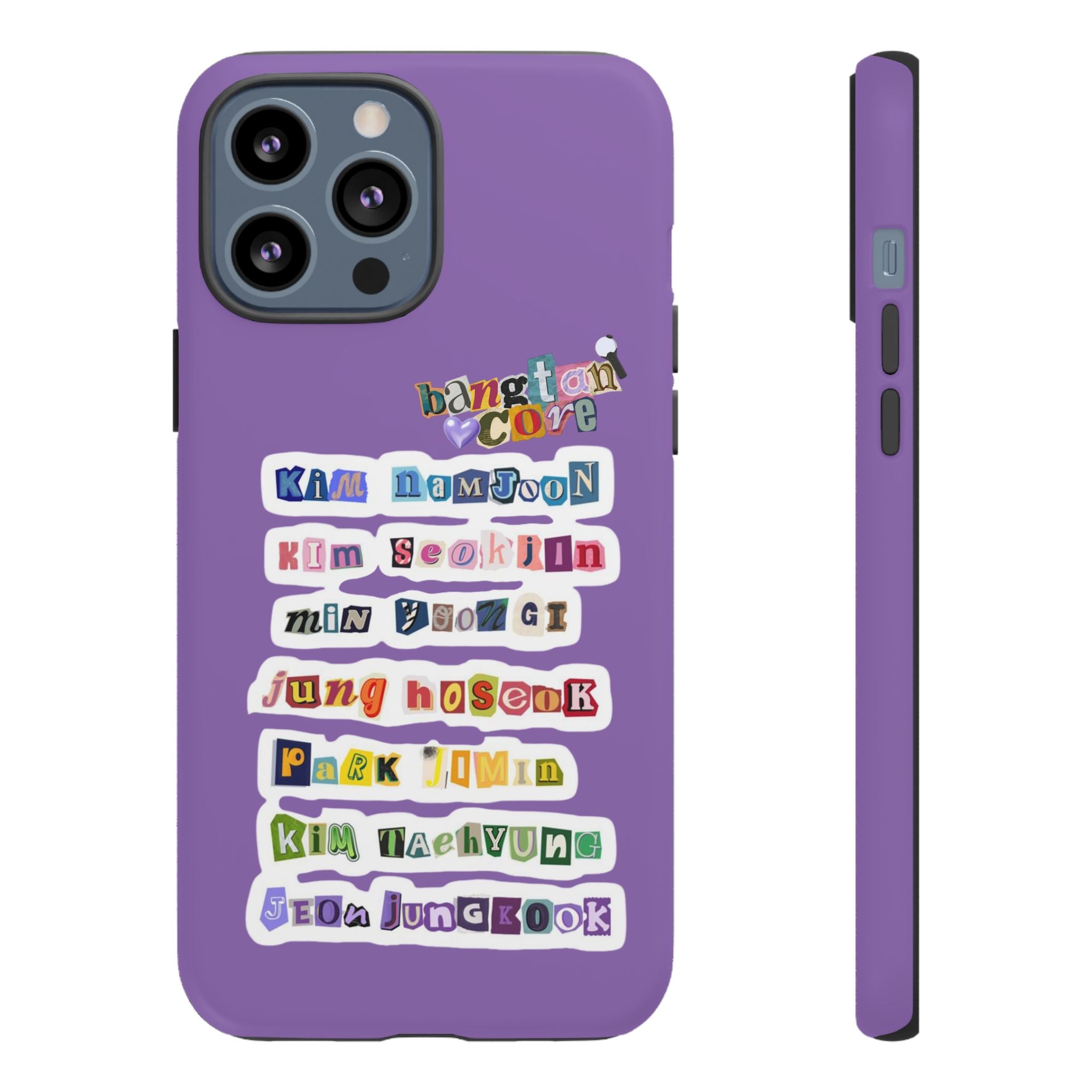BTS member names phone case featuring Jungkook, Jimin, and Rap Monster, compatible with iPhone 17, durable tough case by Printify.