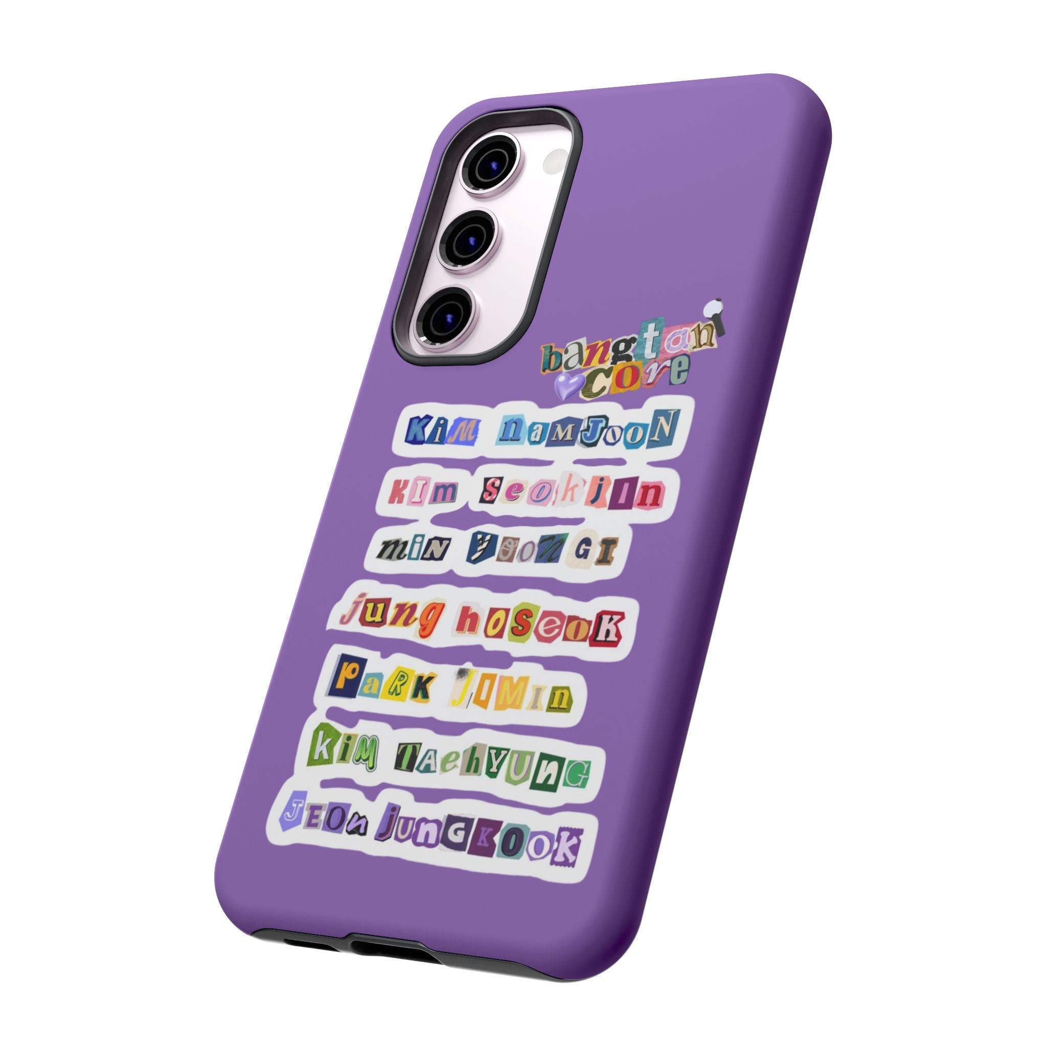 BTS member names phone case featuring Jungkook, Jimin, and Rap Monster for iPhone 17, durable Printify tough case.