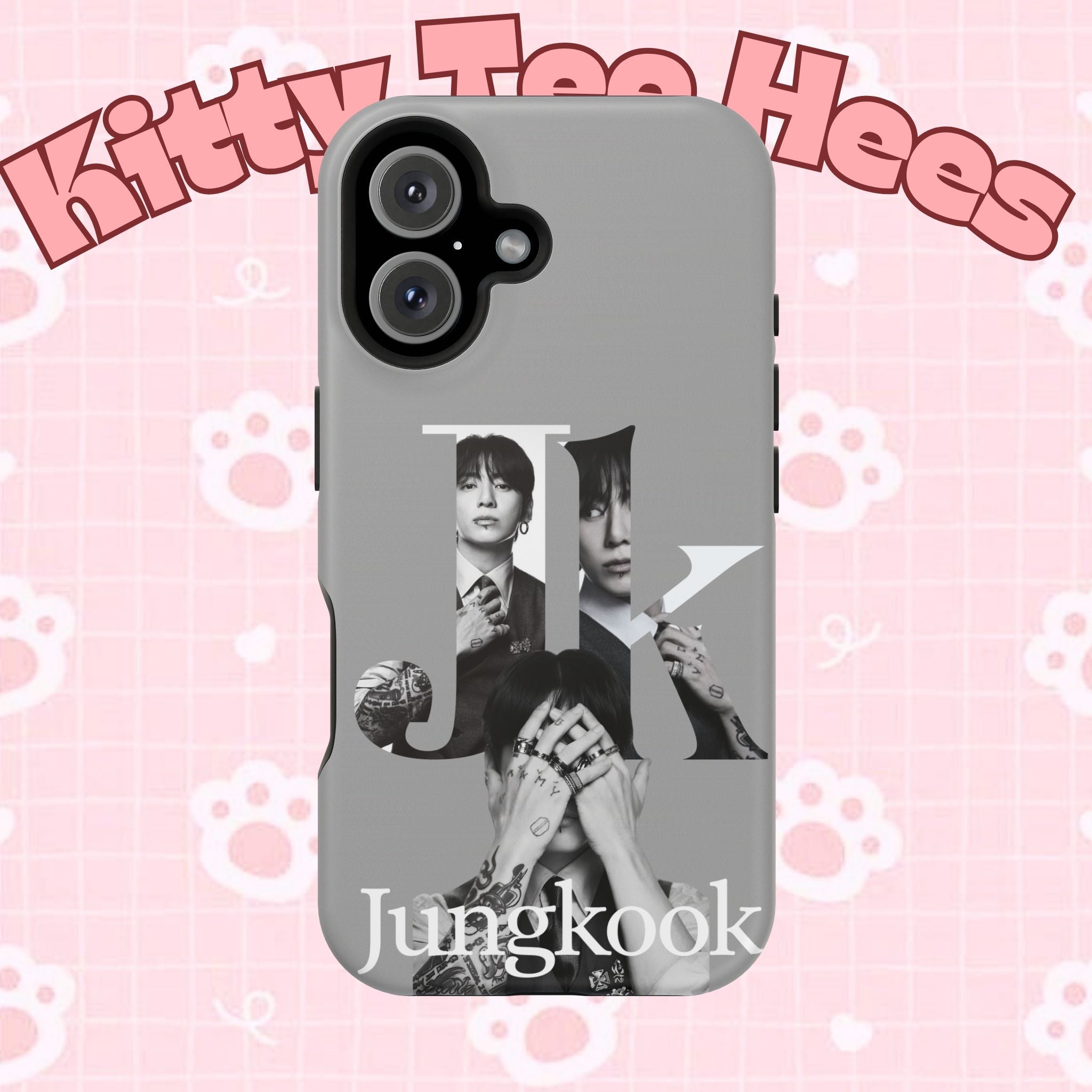 Monochrome BTS Jungkook phone case with letter design, impact-resistant Printify phone cover featuring a cool Jungkook image.