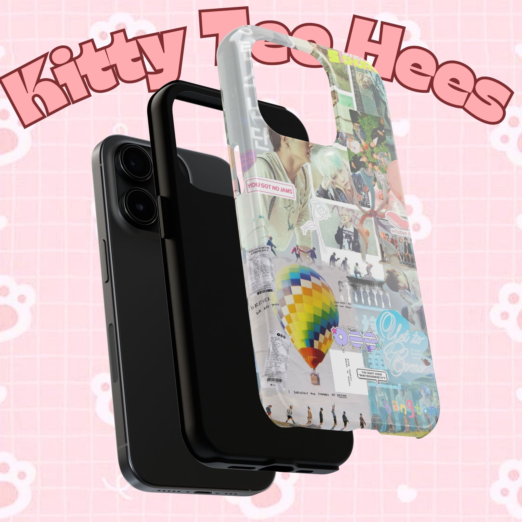 Printify BTS collage phone case for iPhone and Samsung featuring pastel hot air balloon and K-pop photo collage design.