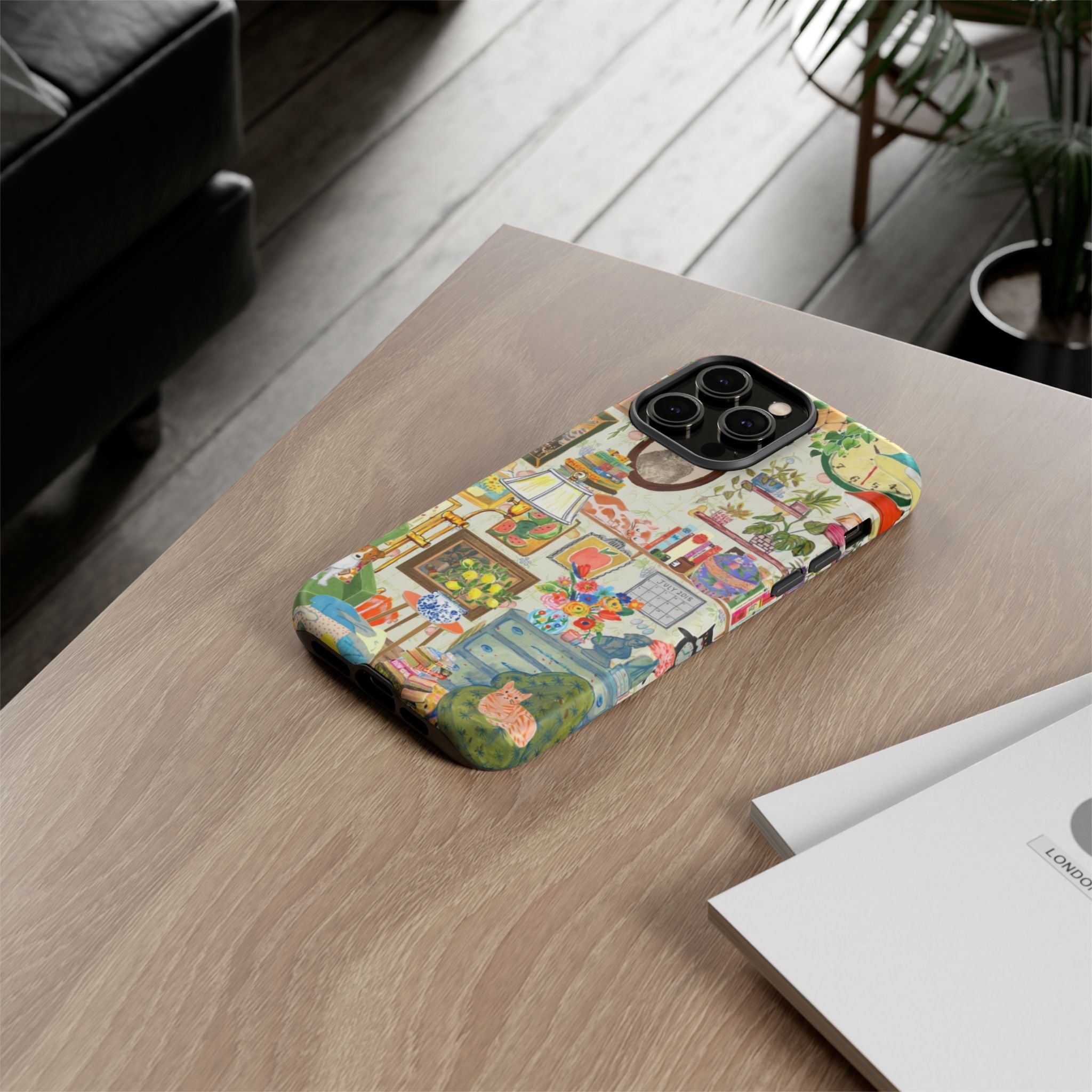 Cute cat portrait phone case for iPhone 17 by Printify, featuring a cozy living room pet home design in a stylish frame.