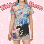 Black cat print T-shirt dress featuring vintage-inspired art, casual bohemian style, perfect for cat lovers and kawaii fashion fans.