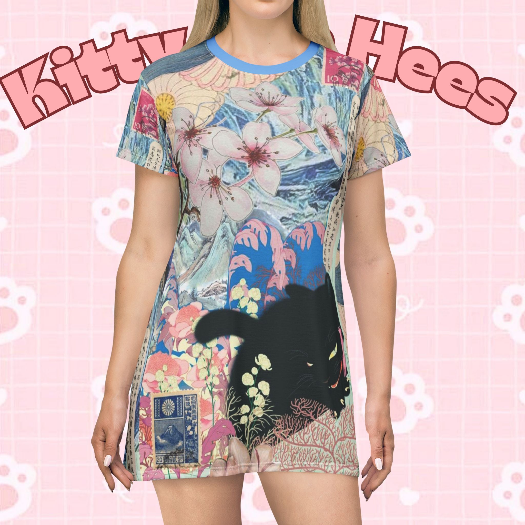 Black cat print T-shirt dress featuring vintage-inspired art, casual bohemian style, perfect for cat lovers and kawaii fashion fans.