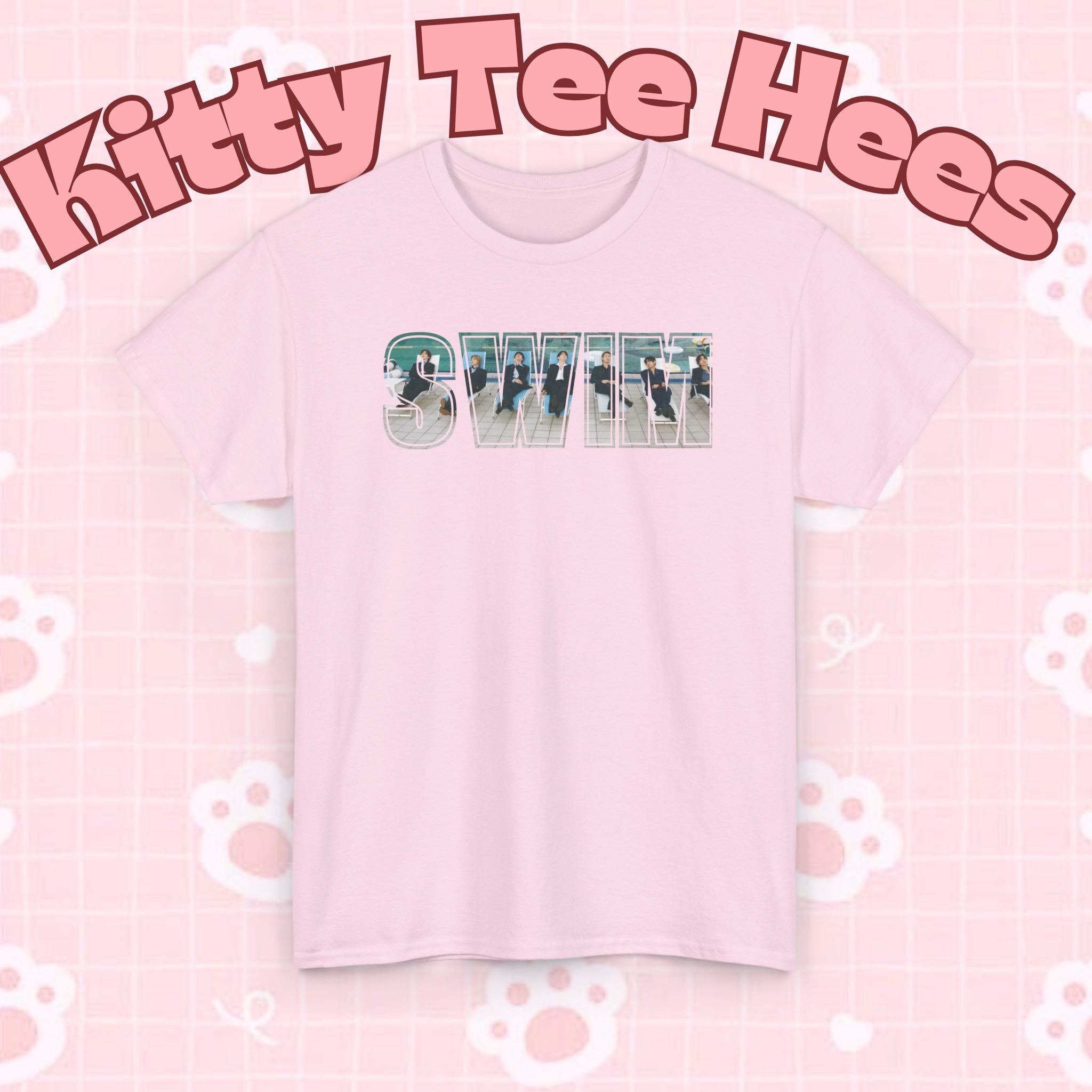 Printify BTS swim graphic T-shirt featuring pool scene and Bangtan design, casual crew neck tee for BTS fans.