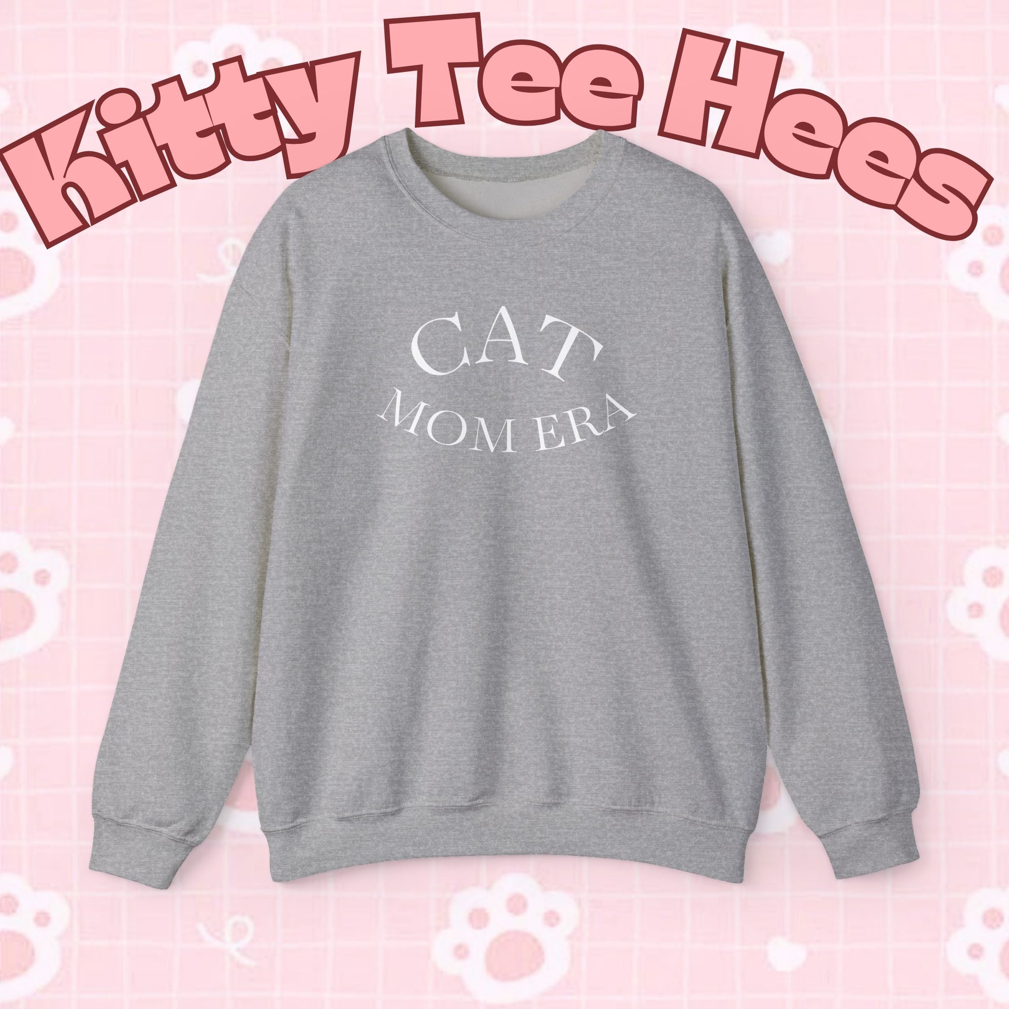 Cozy gray cat mom sweatshirt with cute animal print and feline parent design, perfect for pet lovers and cat owners.