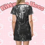 Black Gothic cyberpunk T-shirt dress with all-over print featuring a neon cybersigil design, casual and edgy fashion by Printify.