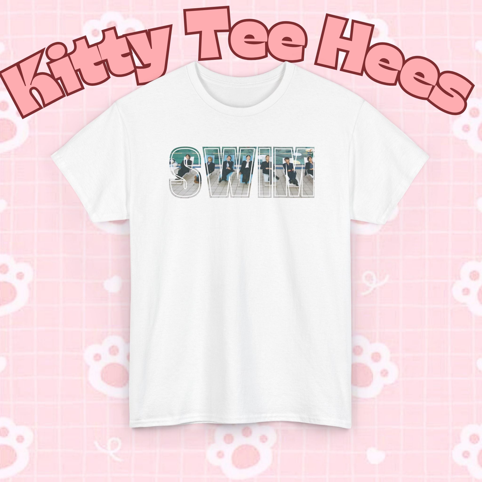 Printify BTS swim graphic T-shirt featuring a pool scene and "I could spend a lifetime watching you swim" text, casual concert tee.
