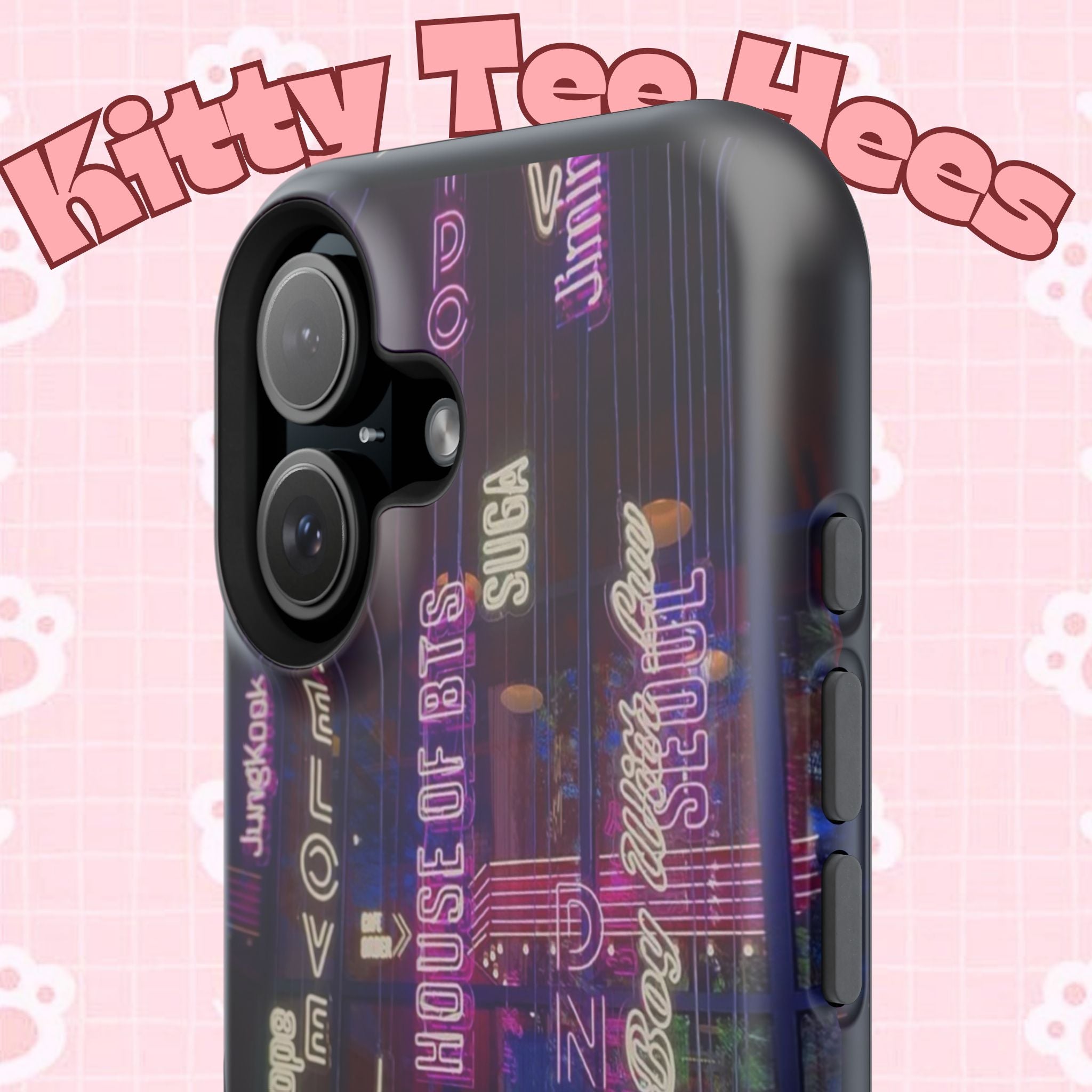 Neon Korean script BTS phone case for iPhone and Samsung, impact-resistant, featuring bold neon lettering and stylish design.