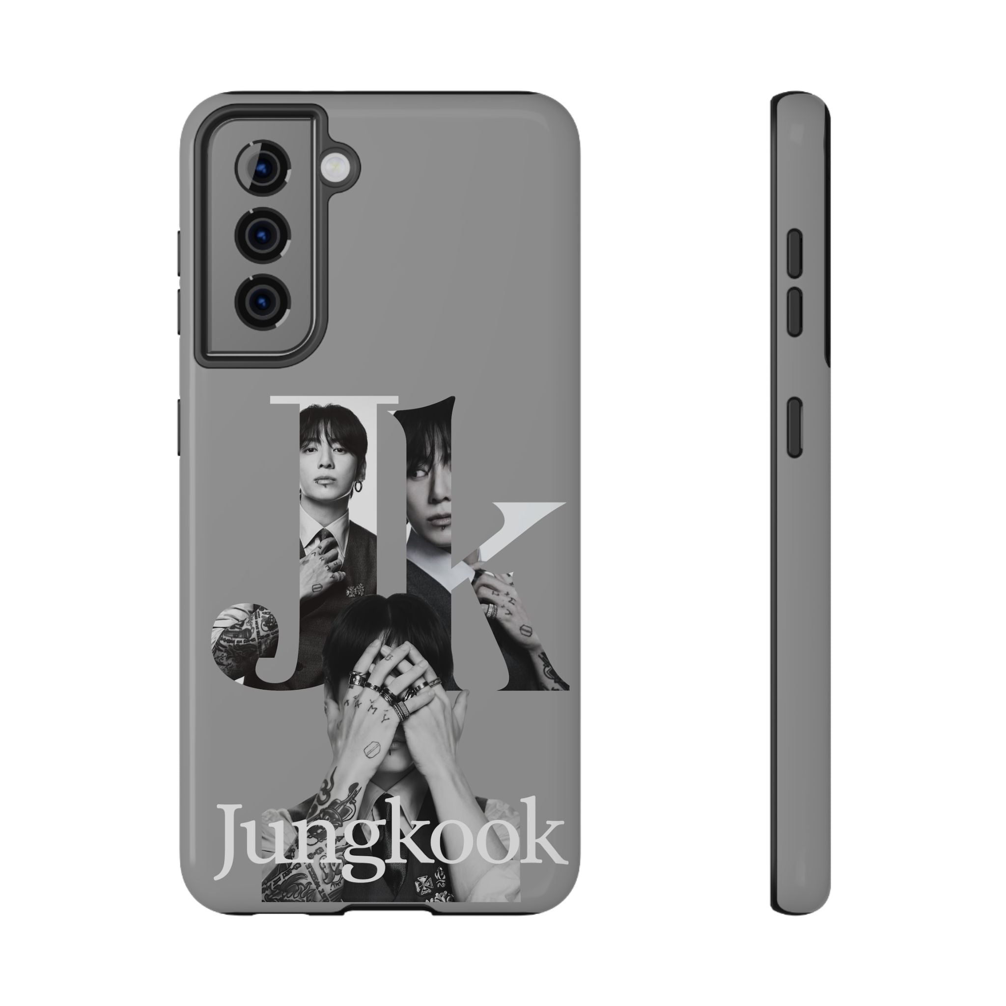 Impact-resistant BTS Jungkook phone case with monochrome letter design, featuring a stylish print of Jungkook from BTS.