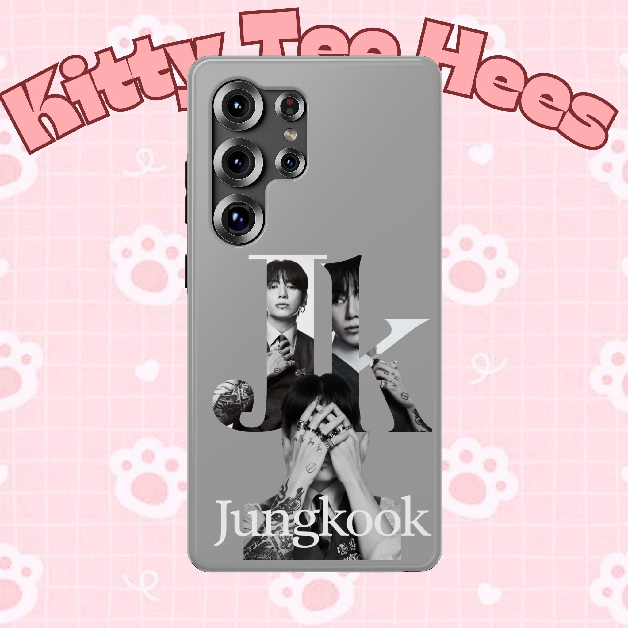 Impact-resistant phone case featuring monochrome letter design of Jungkook from BTS, by Printify, for a stylish BTS fan look.
