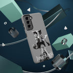 Impact-resistant BTS Jungkook phone case with monochrome letter design, featuring a stylish print for Samsung or iPhone models.