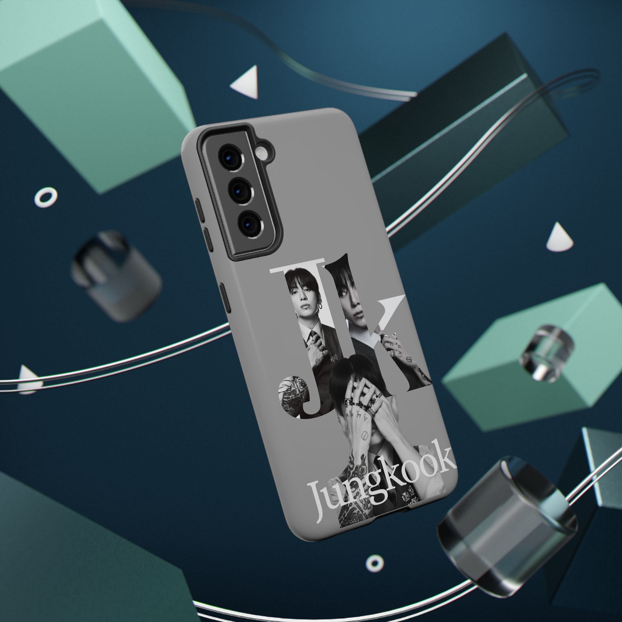 Impact-resistant BTS Jungkook phone case with monochrome letter design, featuring a stylish print for Samsung or iPhone models.