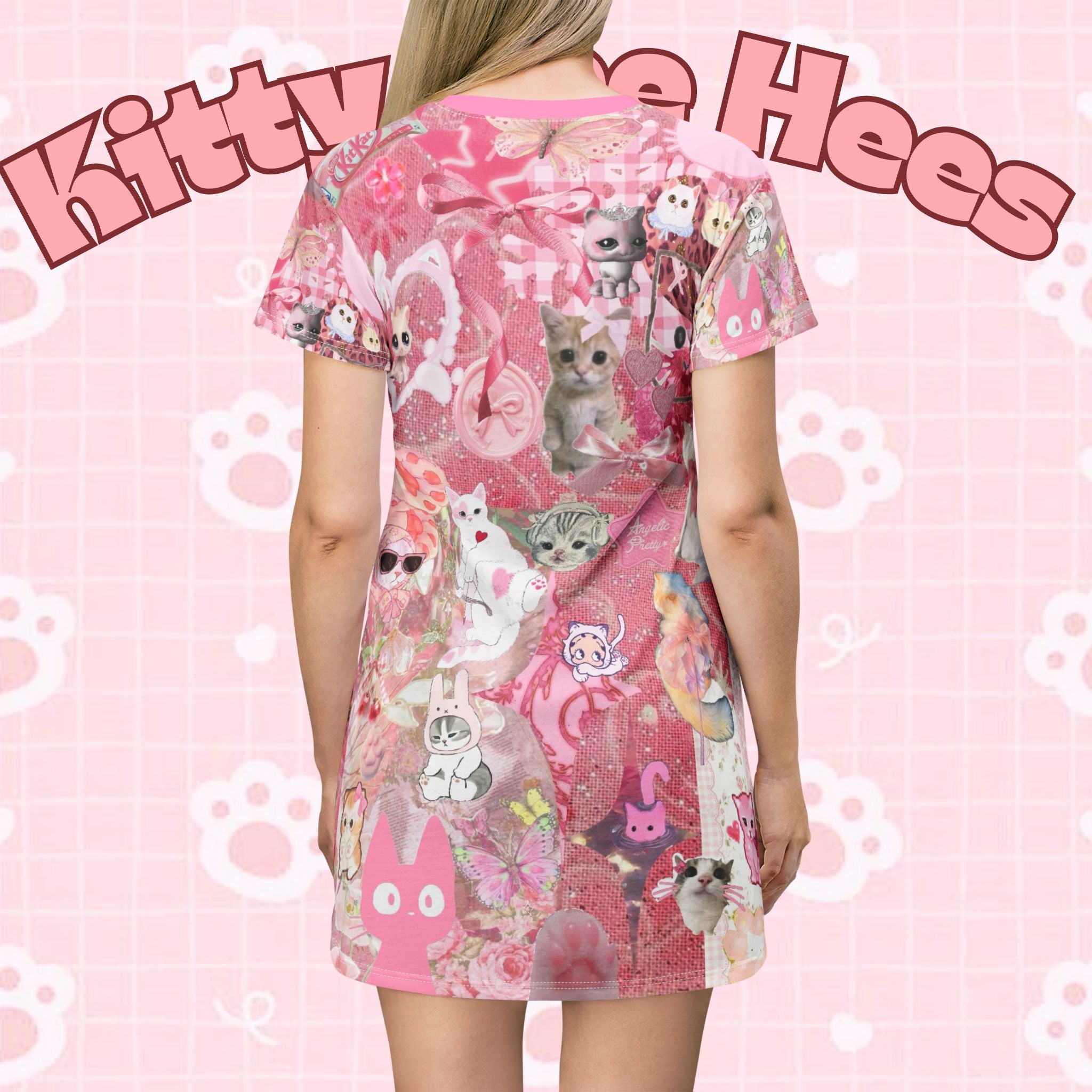 Pink cat-themed T-shirt with cute heart graphic, featuring all-over print design by Printify, perfect for a playful, colorful look.