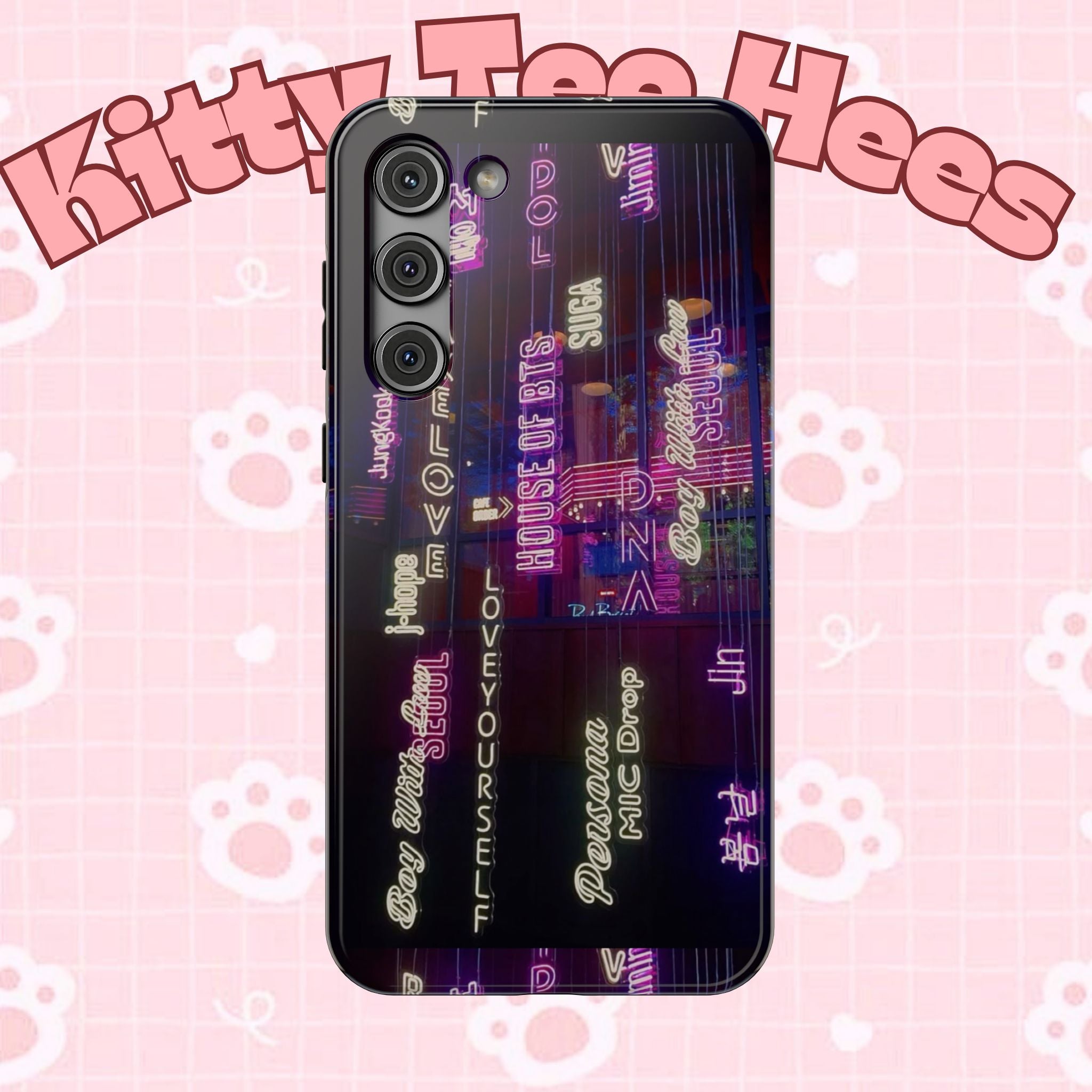 Neon Korean script BTS phone case for iPhone and Samsung, impact-resistant design with Bangtan Sonyeondan branding.