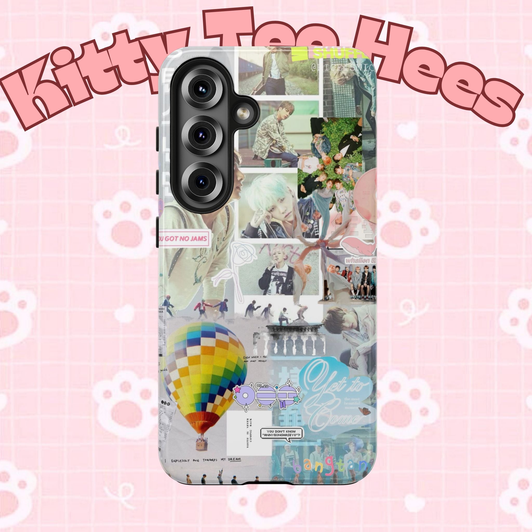K-Pop BTS collage phone case for iPhone and Samsung featuring pastel hot air balloon and aesthetic design by Printify