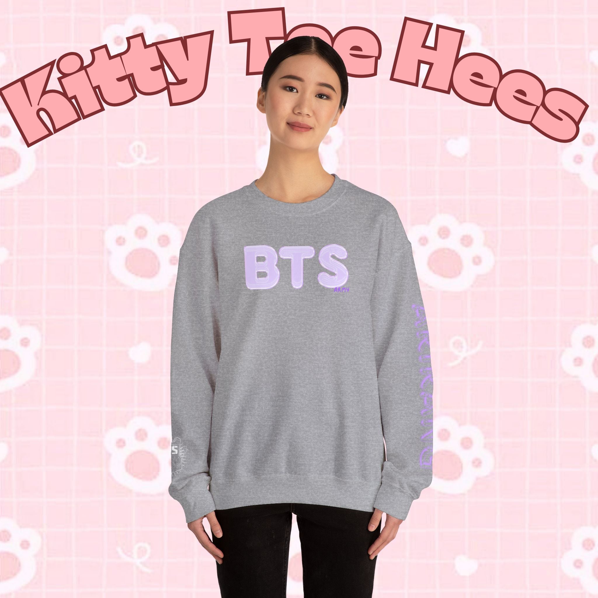 Lavender BTS Logo Arirang crewneck sweatshirt by Printify featuring K-pop band print and concert-inspired design.
