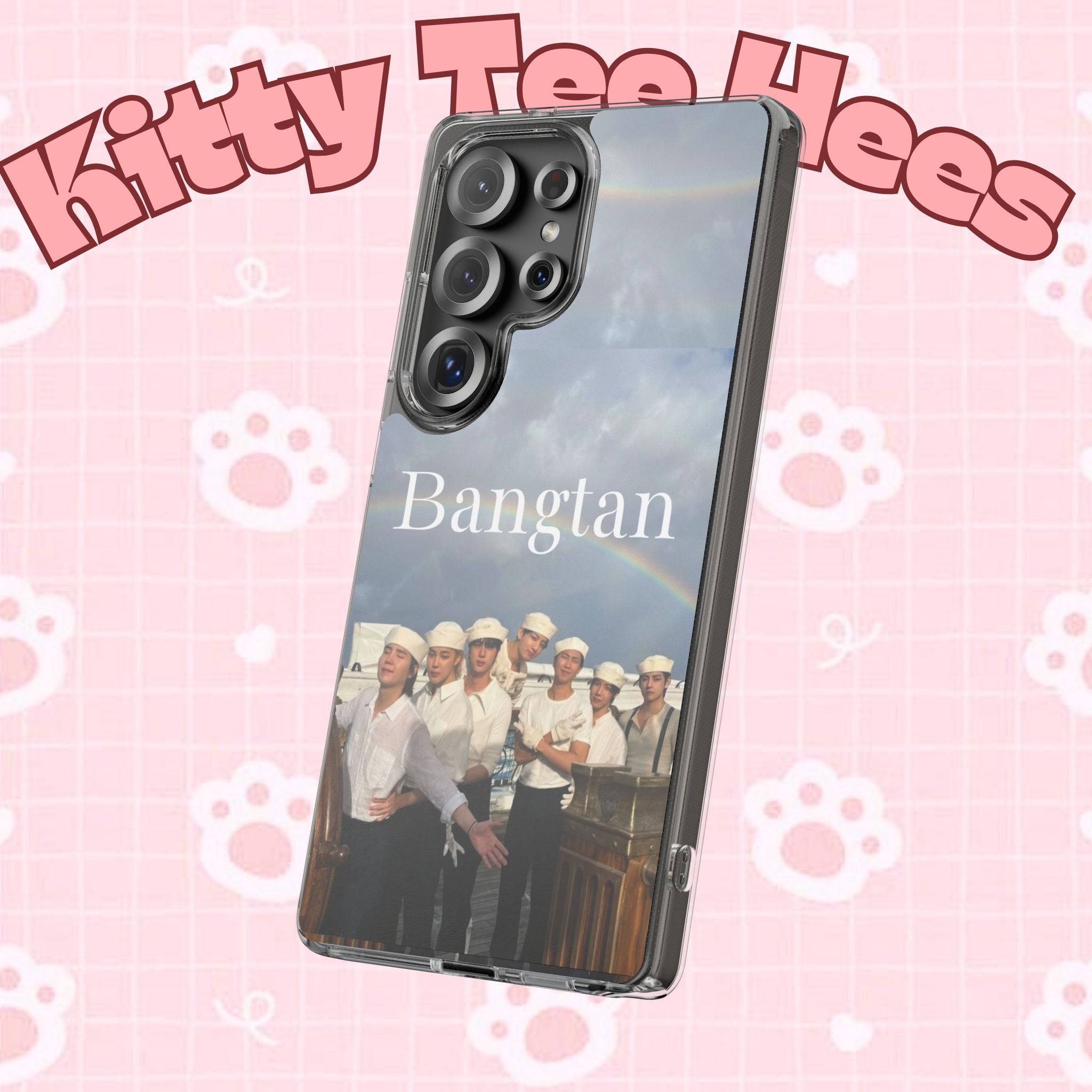Clear impact-resistant phone case featuring cute Bangtan K-pop design, compatible with smartphones.
