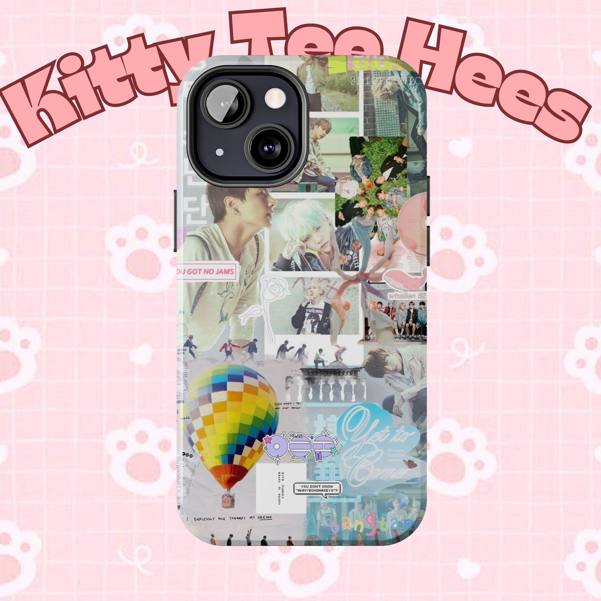 Printify BTS collage phone case for iPhone and Samsung with pastel hot air balloon and K-Pop photo collage design.