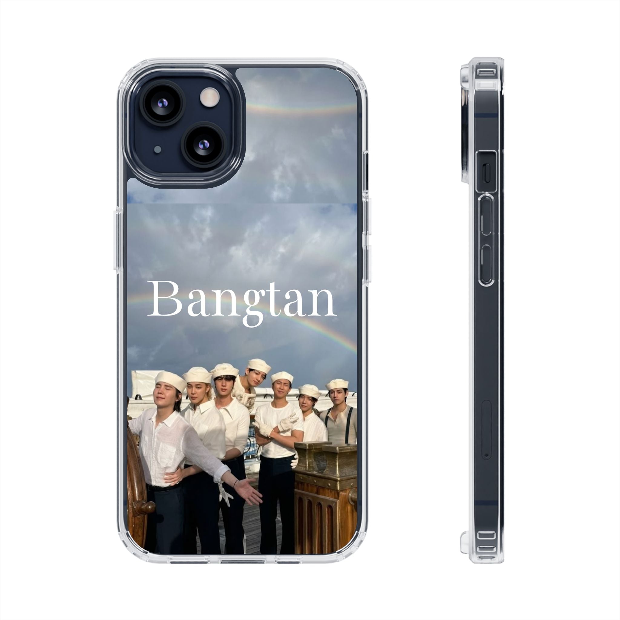 Clear impact-resistant phone case featuring Bangtan Boys K-pop design, compatible with smartphones for stylish protection.