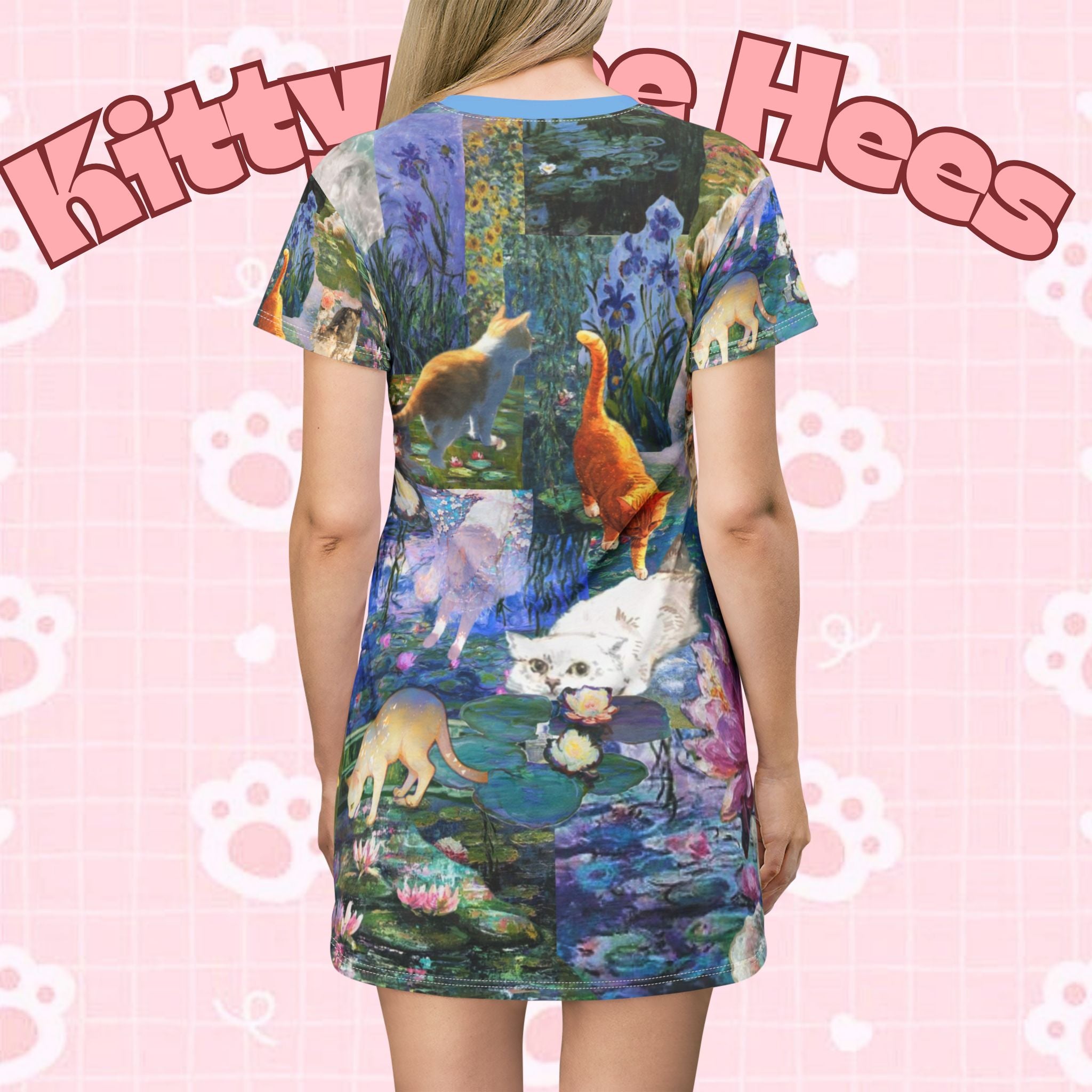 All-over print Van Gogh Cat River Kawaii T-shirt dress featuring colorful painter art design for everyday comfort and style.