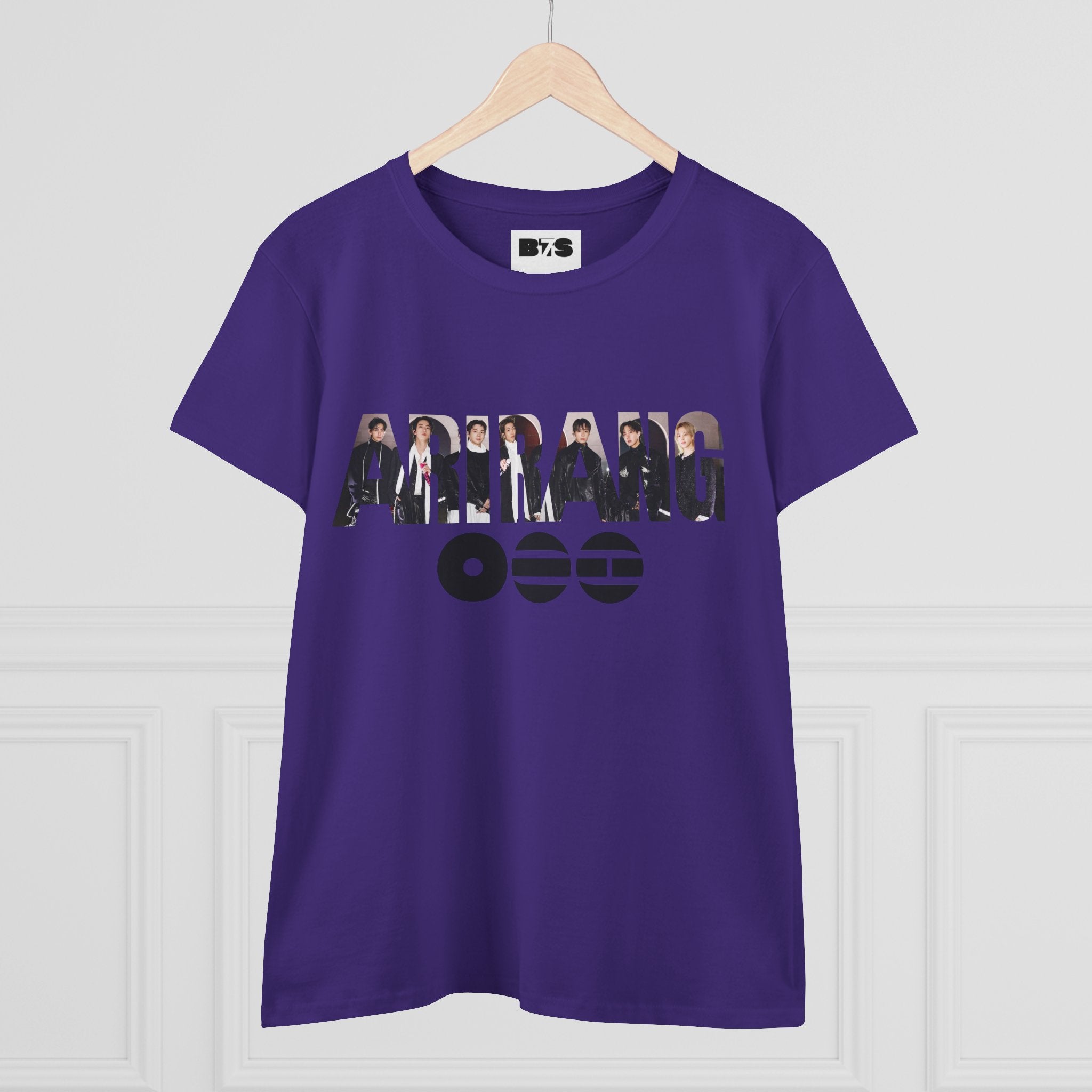 BTS ARIRANG graphic T-shirt featuring Bangtan Boys logo and member names in colorful print, casual cotton tee by Printify.