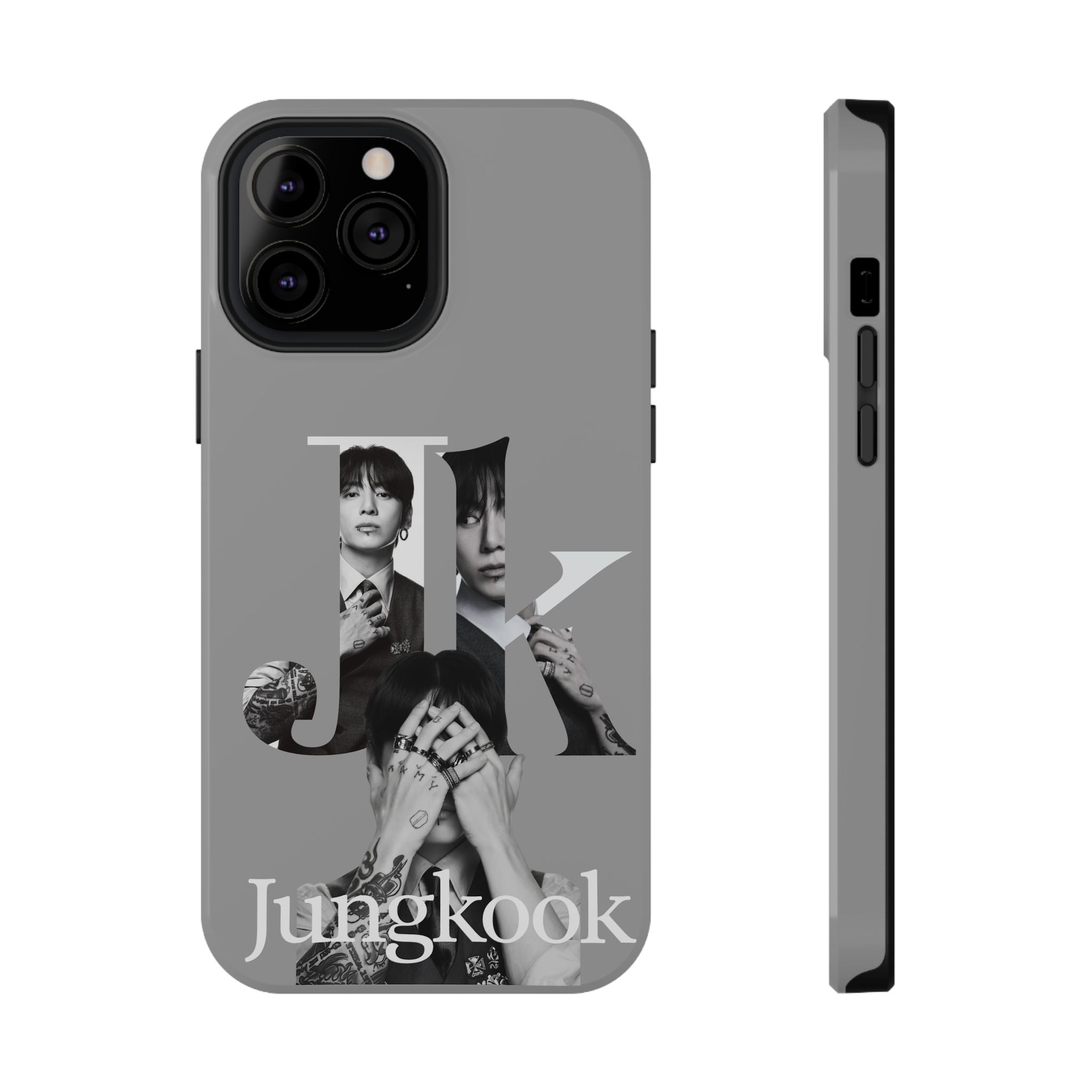 Monochrome BTS Jungkook phone case with letter design, impact-resistant printify brand protective cover for smartphone.