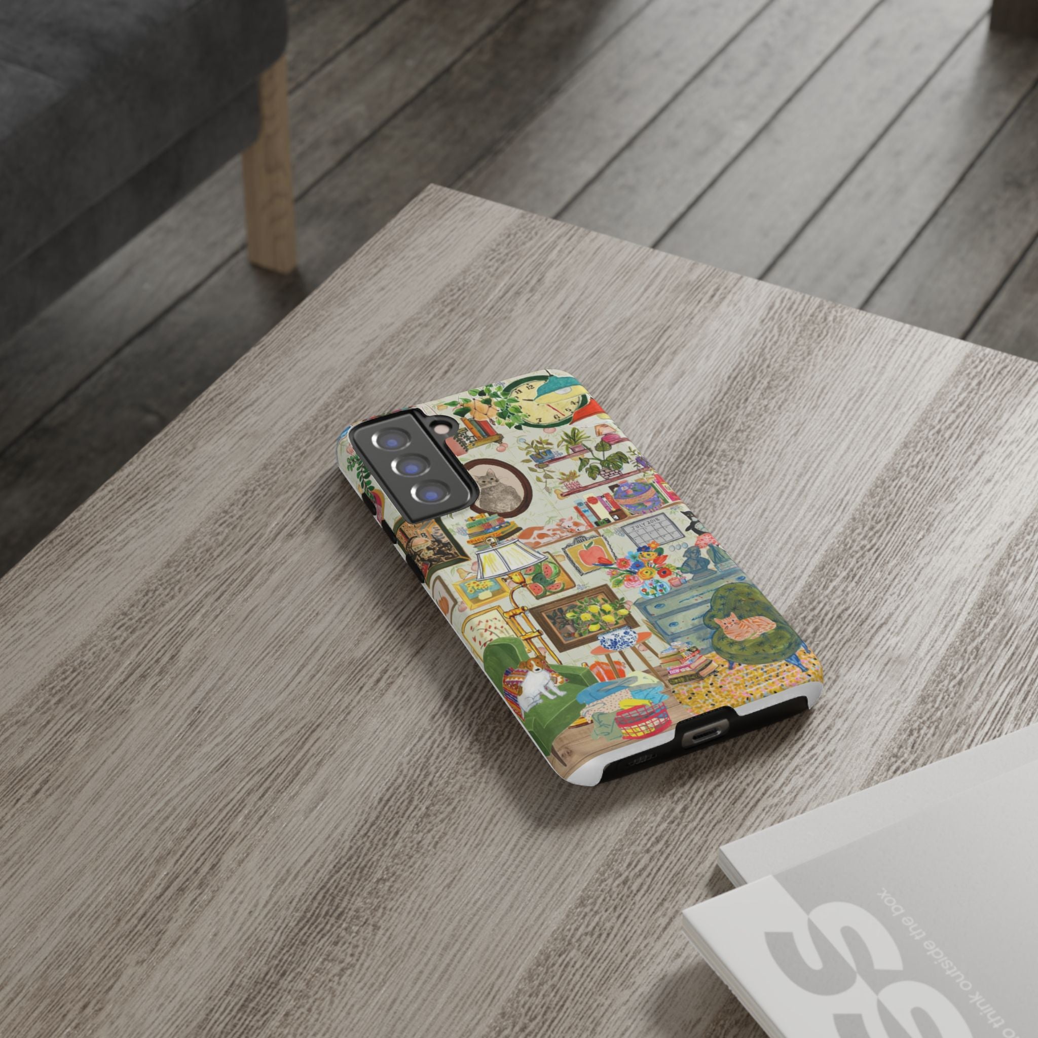 Printify cute cat framed phone case featuring a cozy living room pet portrait design for iPhone 17, stylish and protective accessory.
