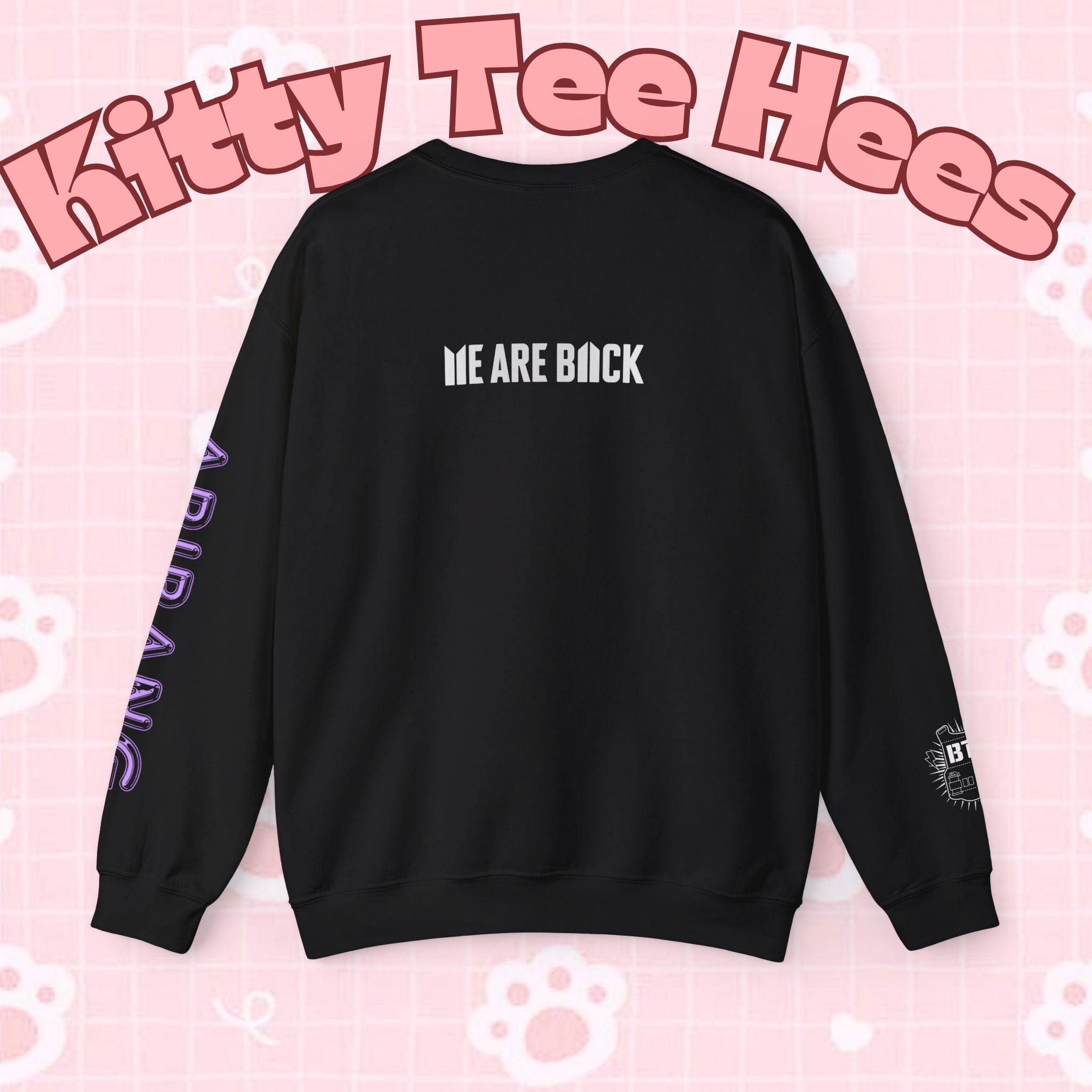 Lavender print BTS Logo Arirang crewneck sweatshirt featuring K-pop band design and comfortable pullover style.