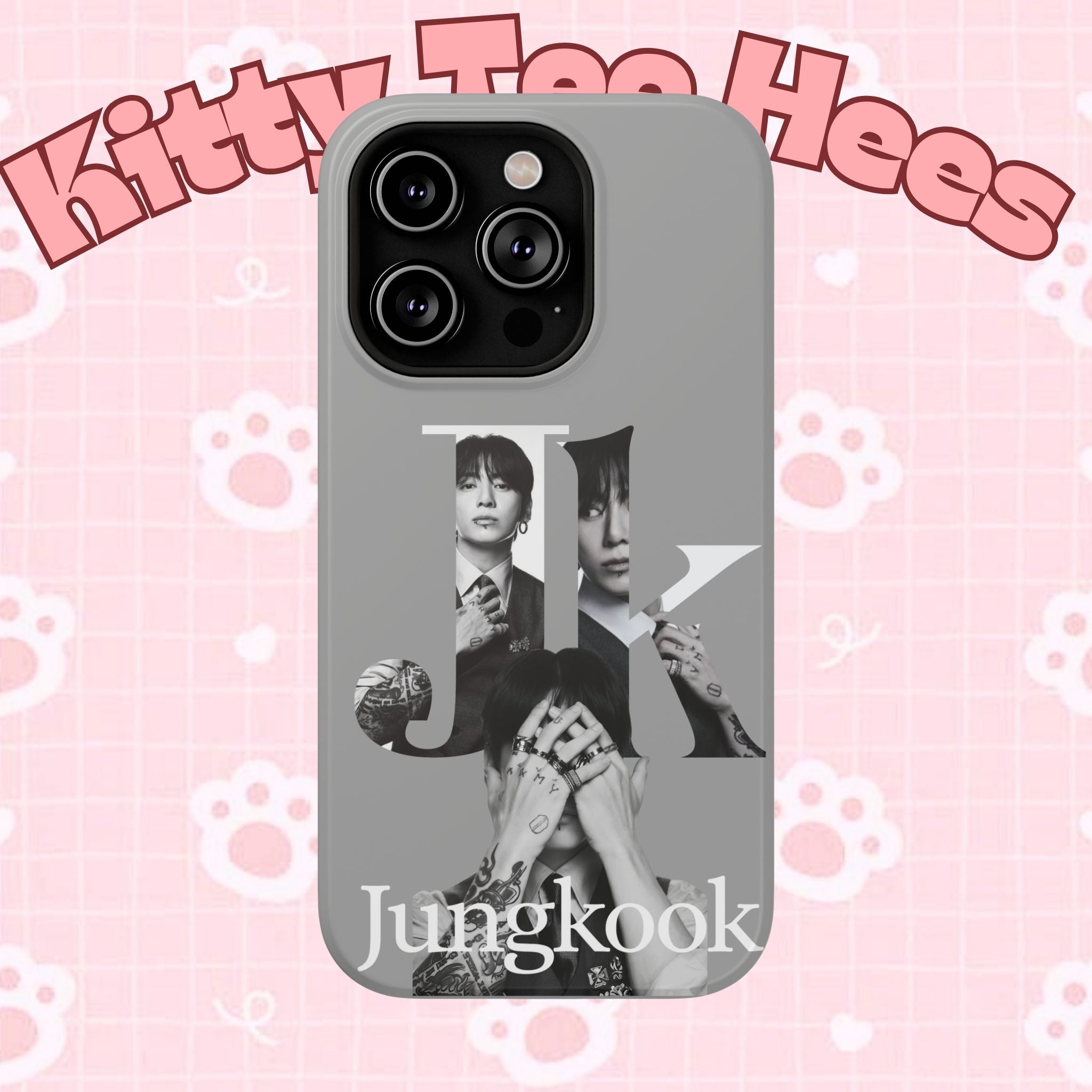 Monochrome BTS Jungkook phone case by Printify featuring impact-resistant design with bold letter branding.