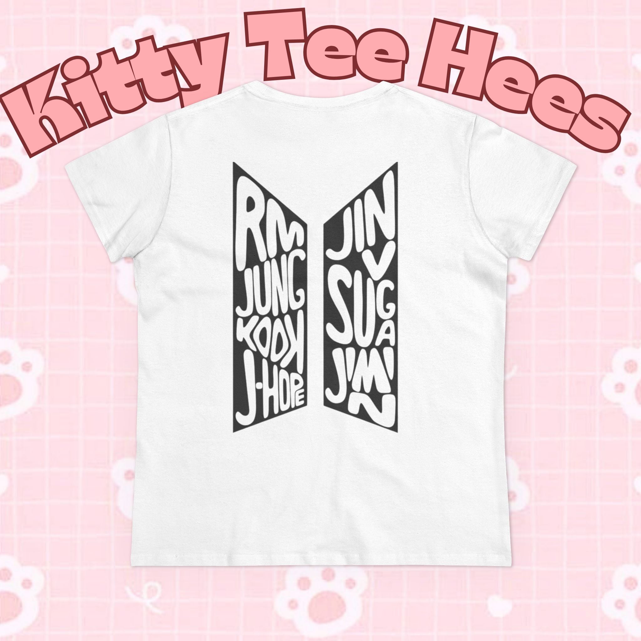 BTS ARIRANG graphic t-shirt featuring BTS logo and member names, casual cotton tee by Printify with colorful design.