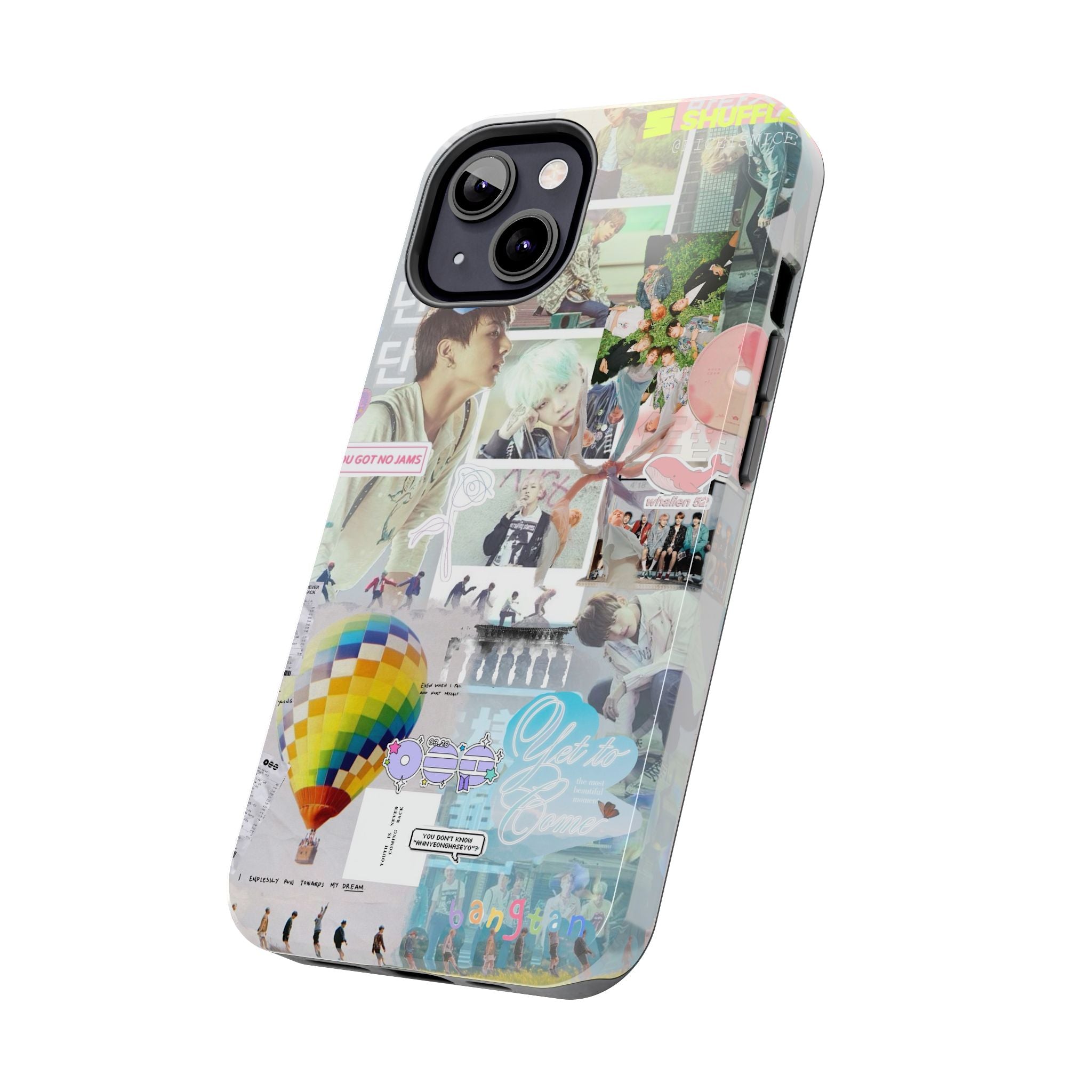 K-Pop BTS collage phone case for iPhone and Samsung with pastel hot air balloon design, featuring vibrant K-Pop photo collage artwork.