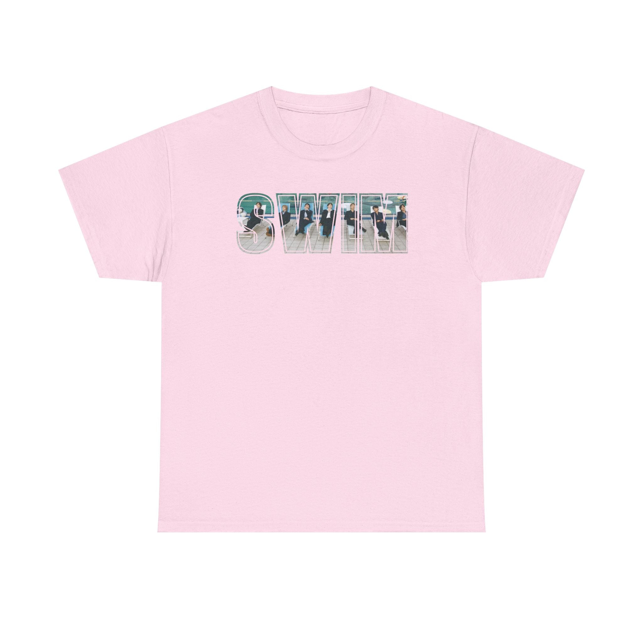 Printify BTS Swim graphic T-shirt featuring a pool scene and Bangtan logo on the back, casual BTS concert tee shirt for fans