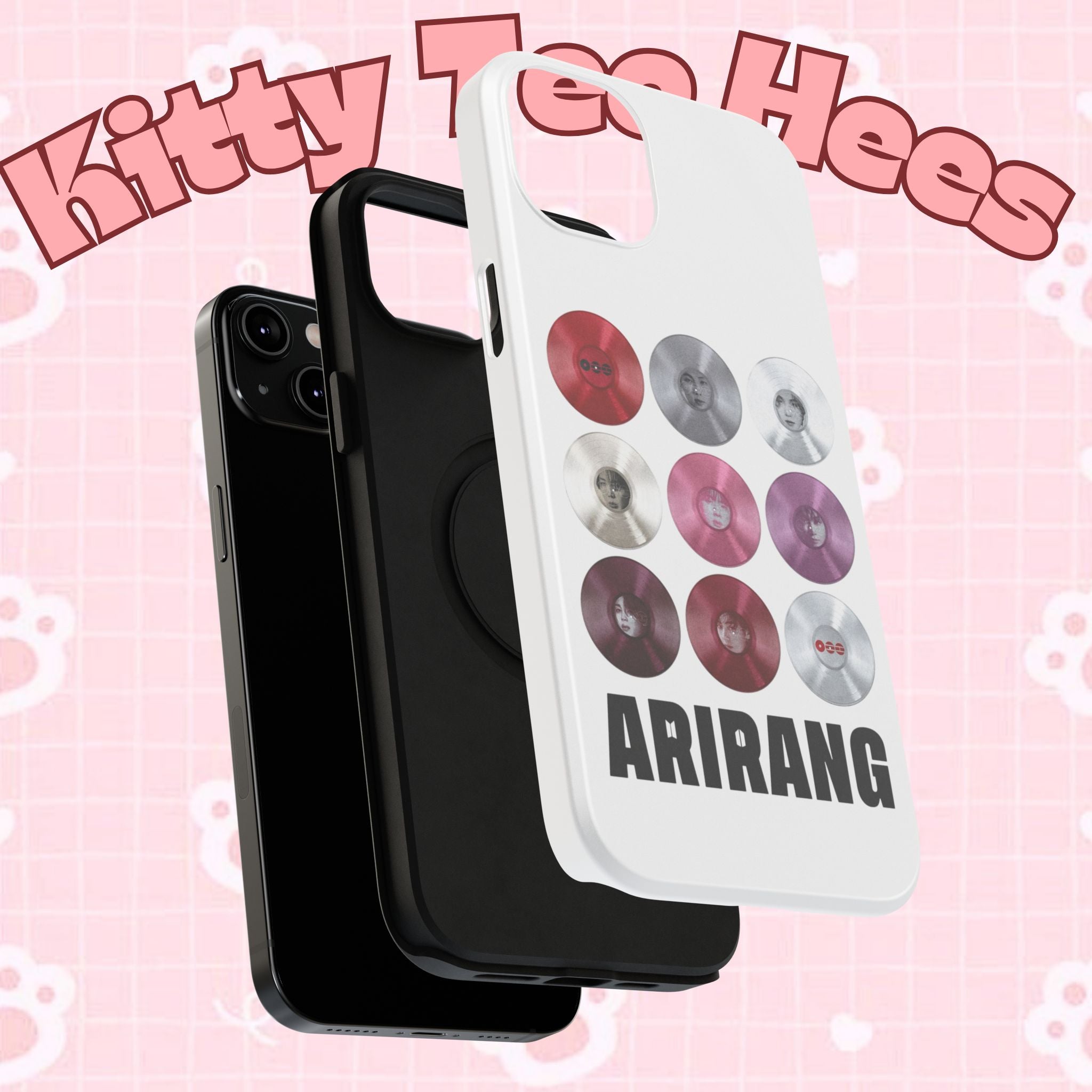 Printify BTS Arirang vinyl record phone case featuring grid design, impact-resistant material, and cool BTS fan merchandise.