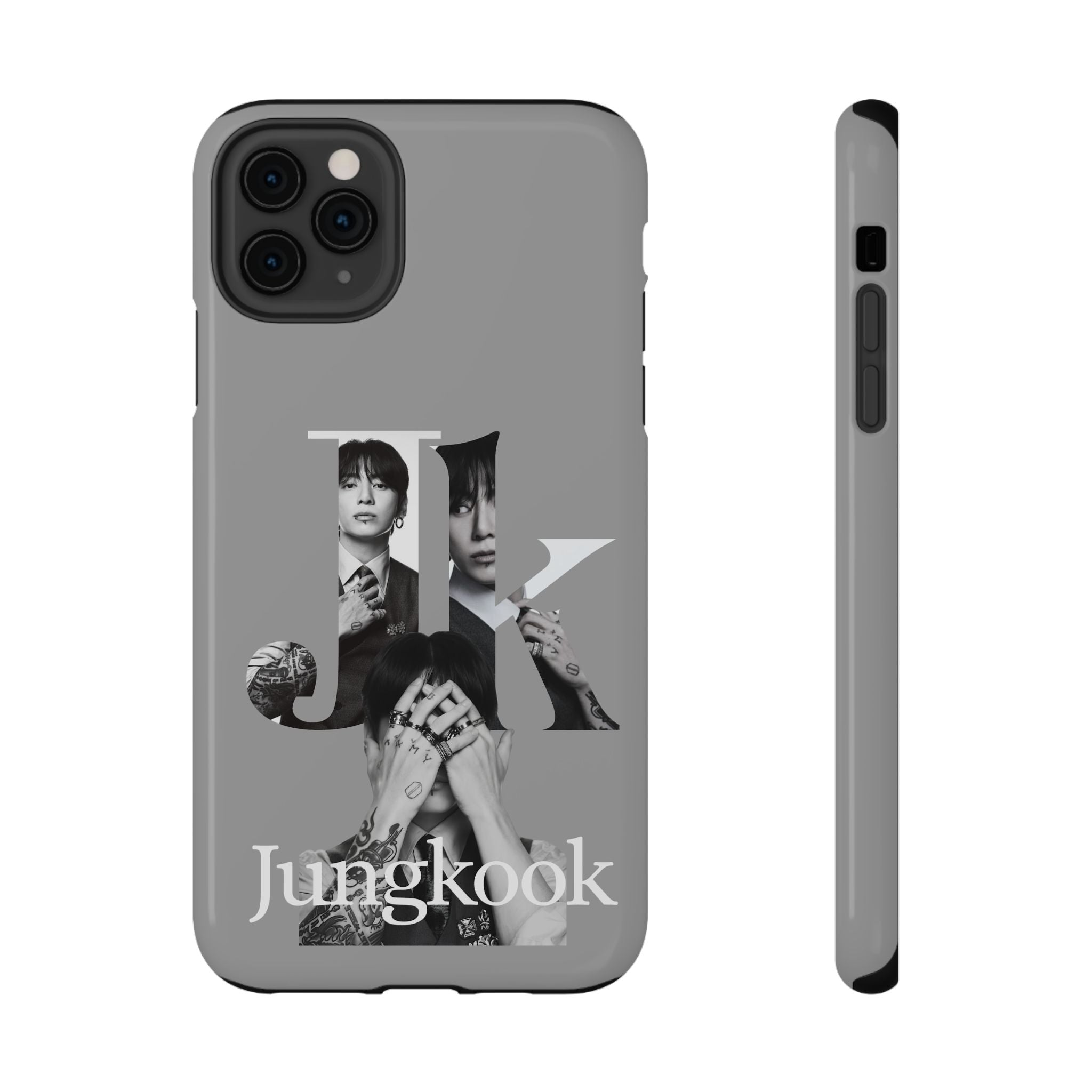 Monochrome BTS Jungkook phone case with letter design, impact-resistant Printify phone case for BTS fans.